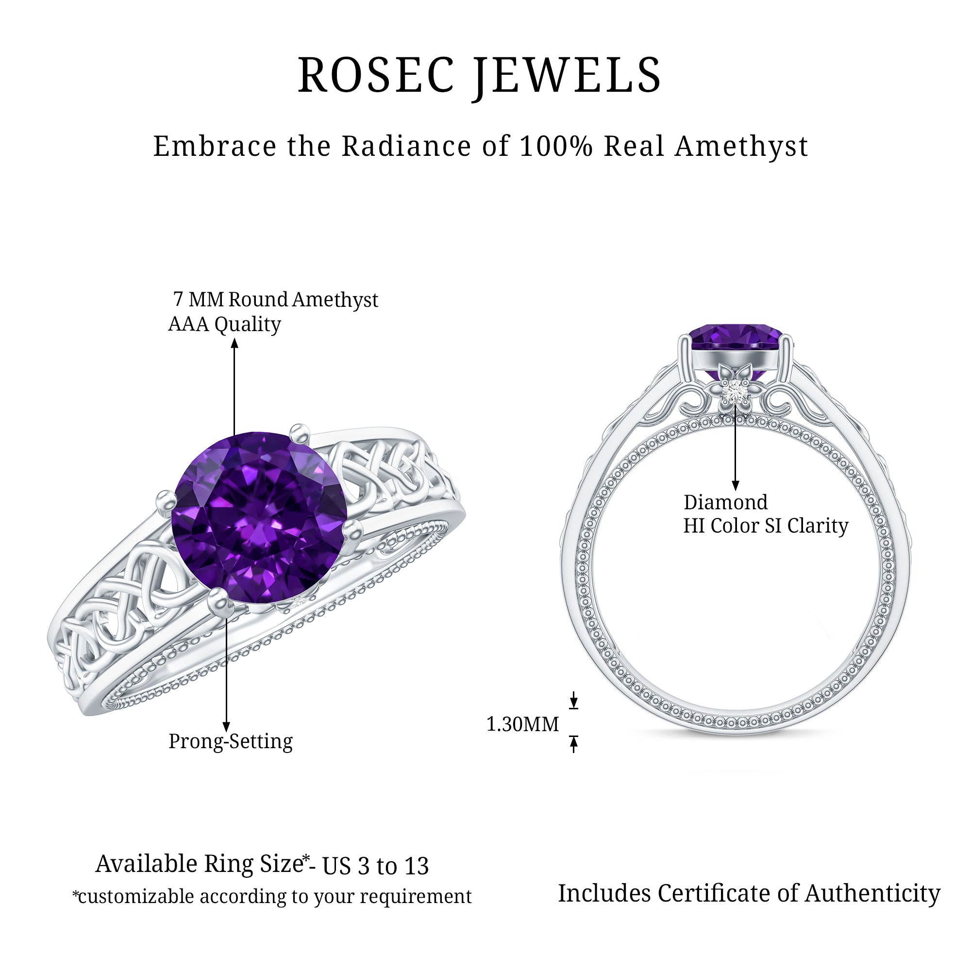 Vintage Looking 1.2 Carat Amethyst Celtic Engagement Ring with Surprise Diamond AAA - Rosec Jewels