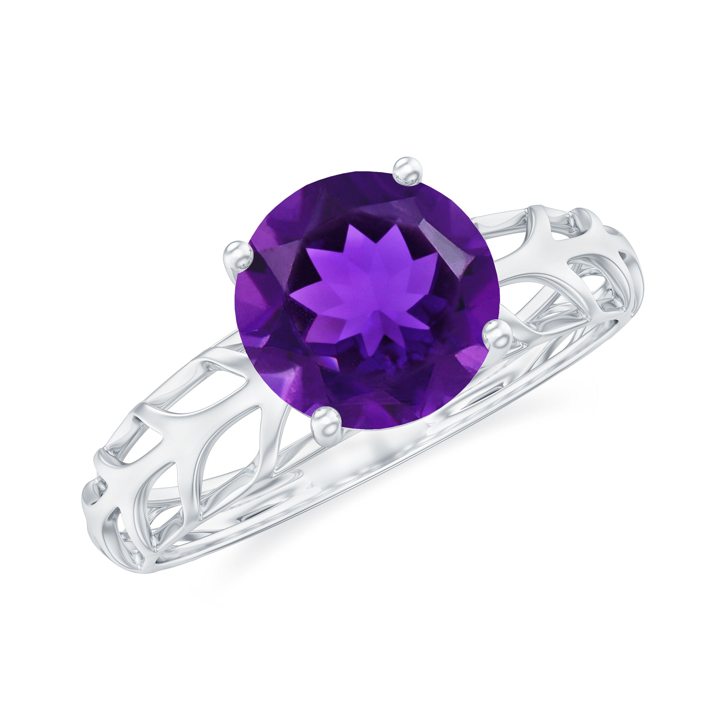 7 MM Round Amethyst Solitaire Engagement Ring with Gold Filigree Details