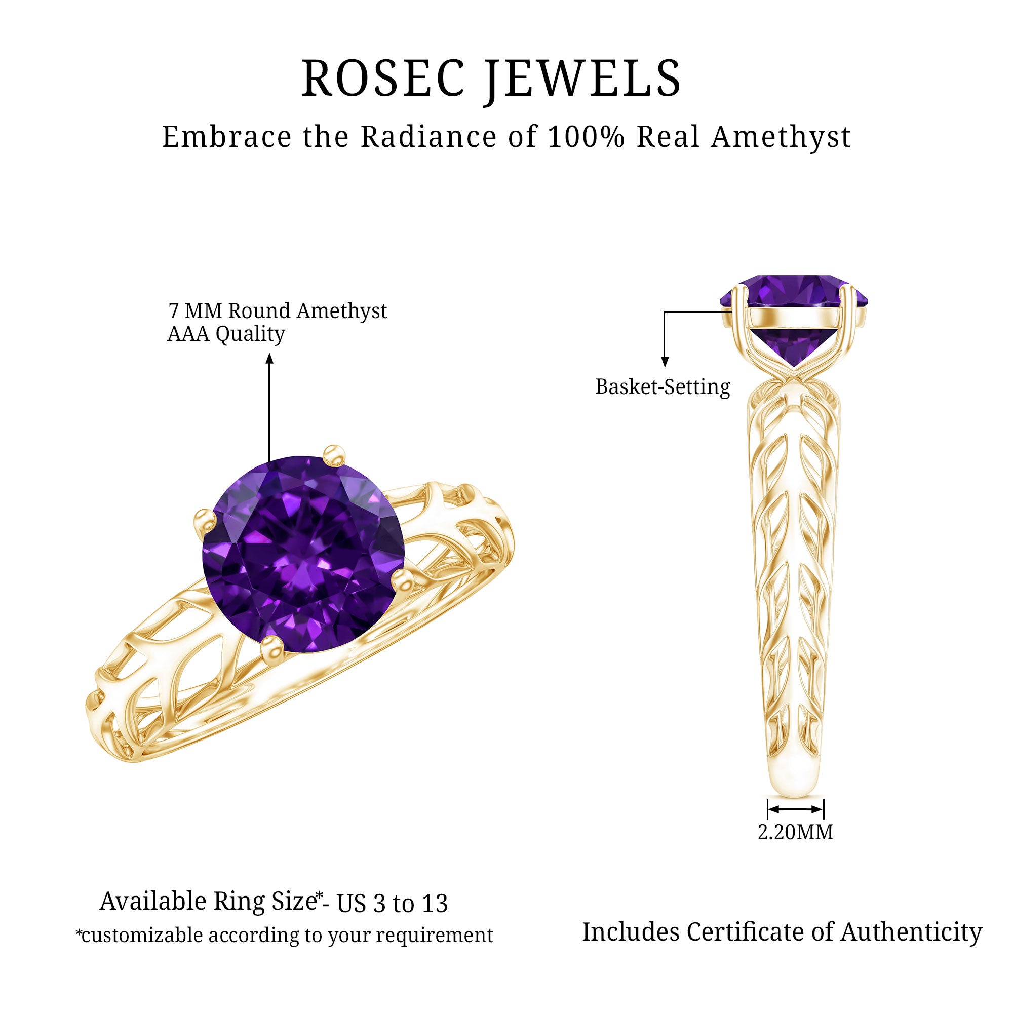 1.2 Carat Round Amethyst Solitaire Engagement Ring with Filigree Details AAA - Rosec Jewels