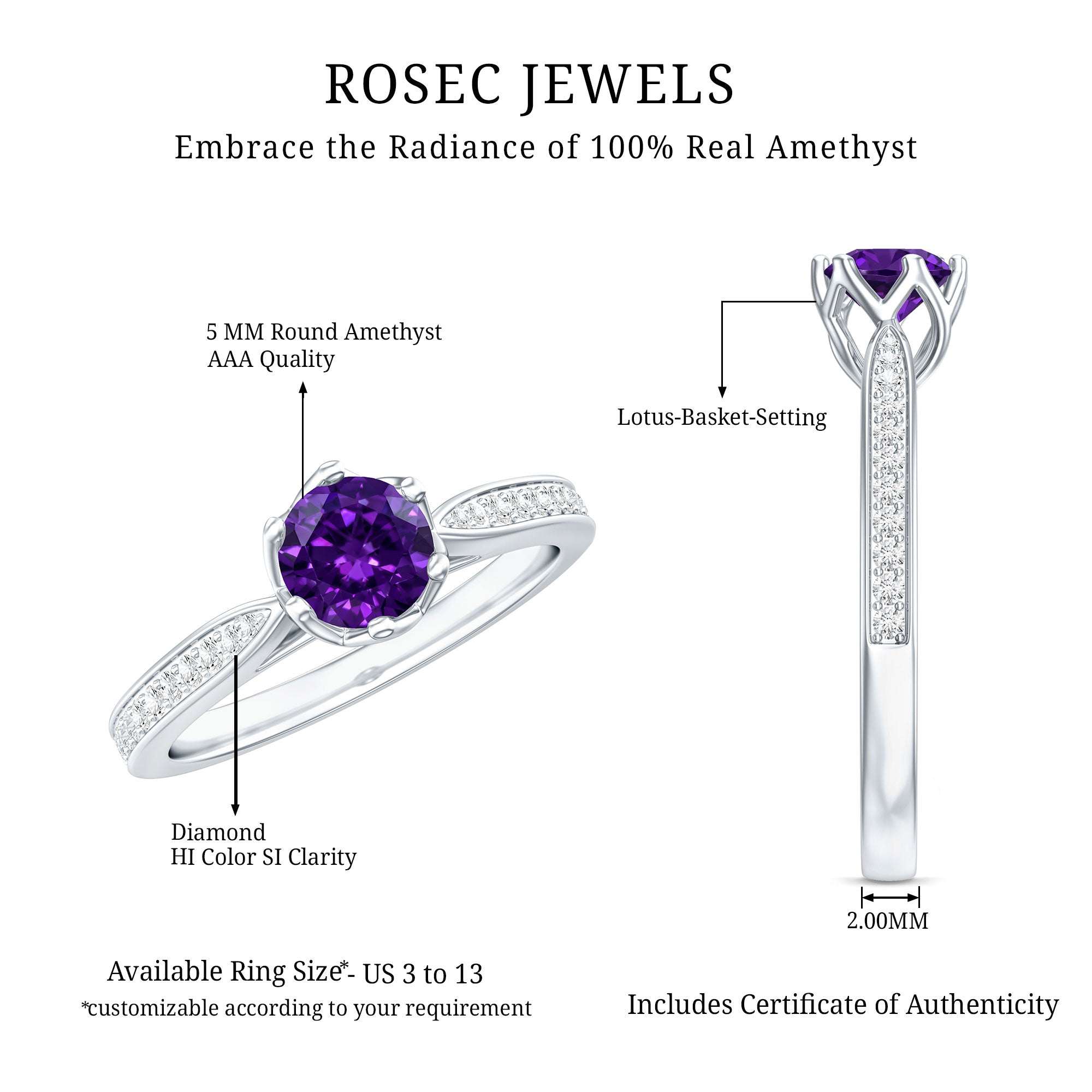 Minimal Amethyst Engagement Ring with Diamond AAA - Rosec Jewels