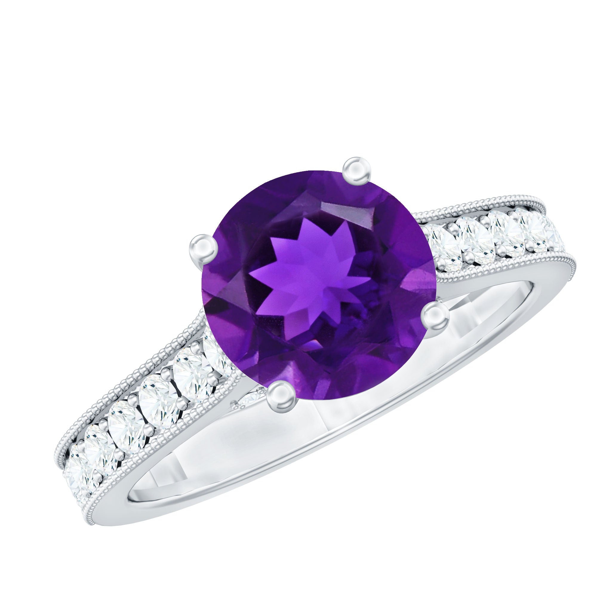 2.25 CT Round Amethyst Solitaire Engagement Ring with Moissanite Accents AAA - Rosec Jewels
