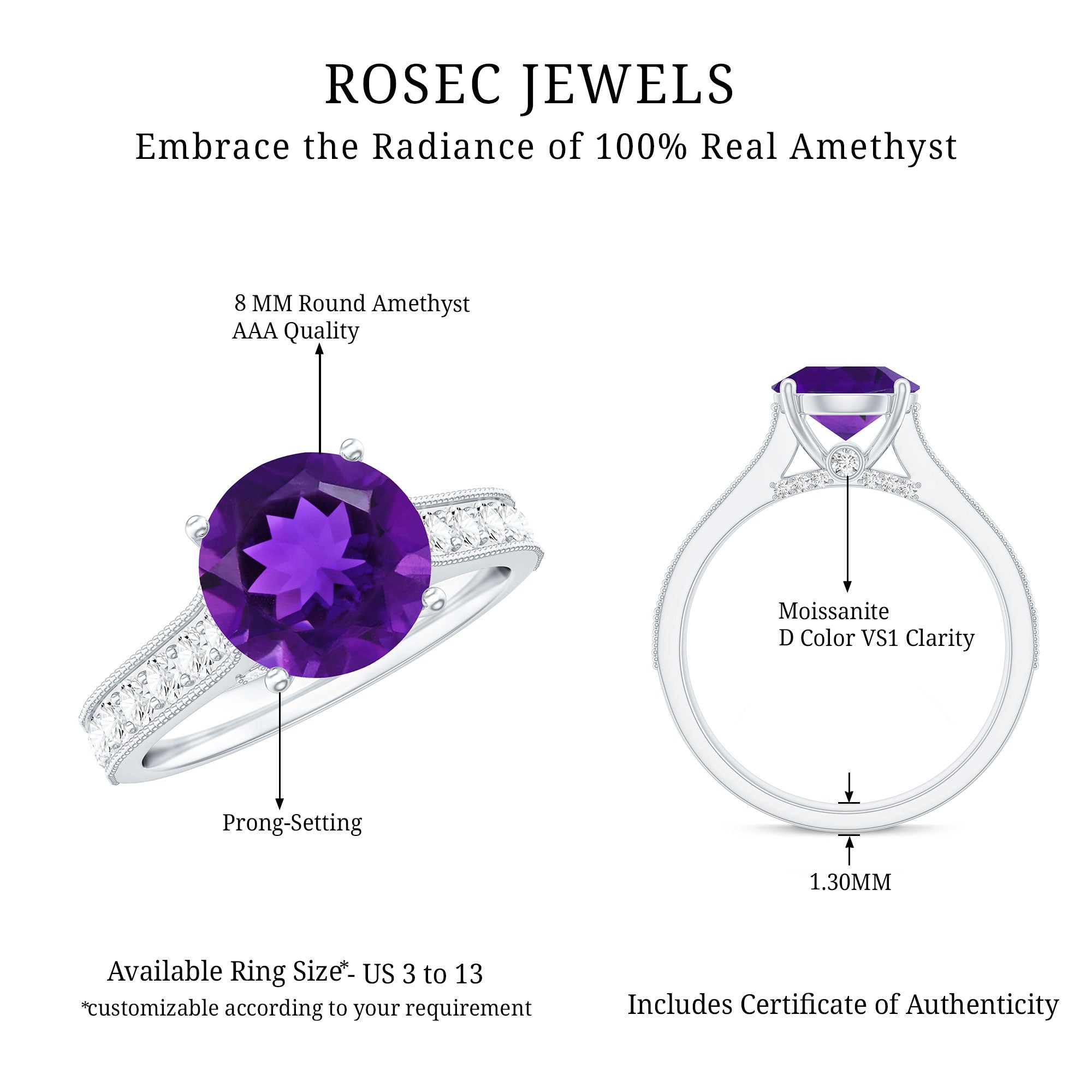 2.25 CT Round Amethyst Solitaire Engagement Ring with Moissanite Accents AAA - Rosec Jewels
