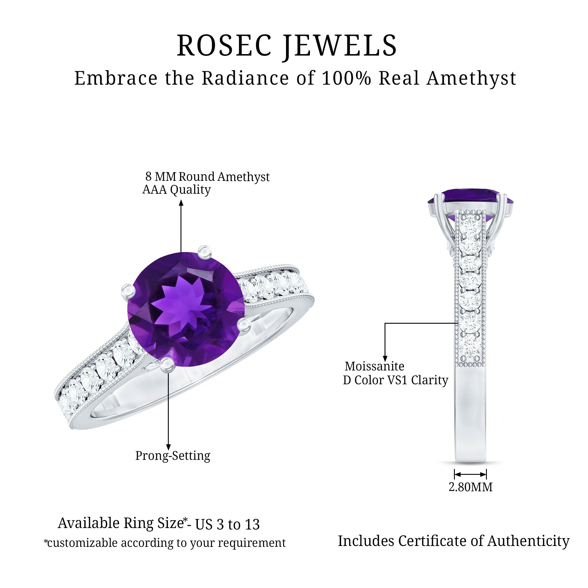 2.25 CT Round Amethyst Solitaire Engagement Ring with Moissanite Accents AAA - Rosec Jewels