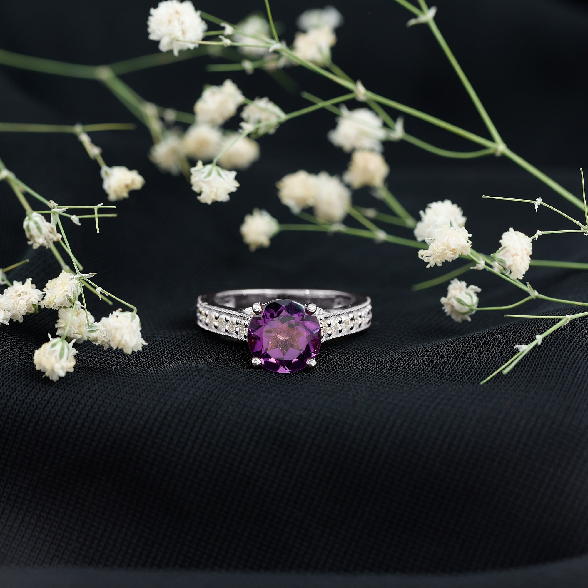 2.25 CT Round Amethyst Solitaire Engagement Ring with Moissanite Accents AAA - Rosec Jewels