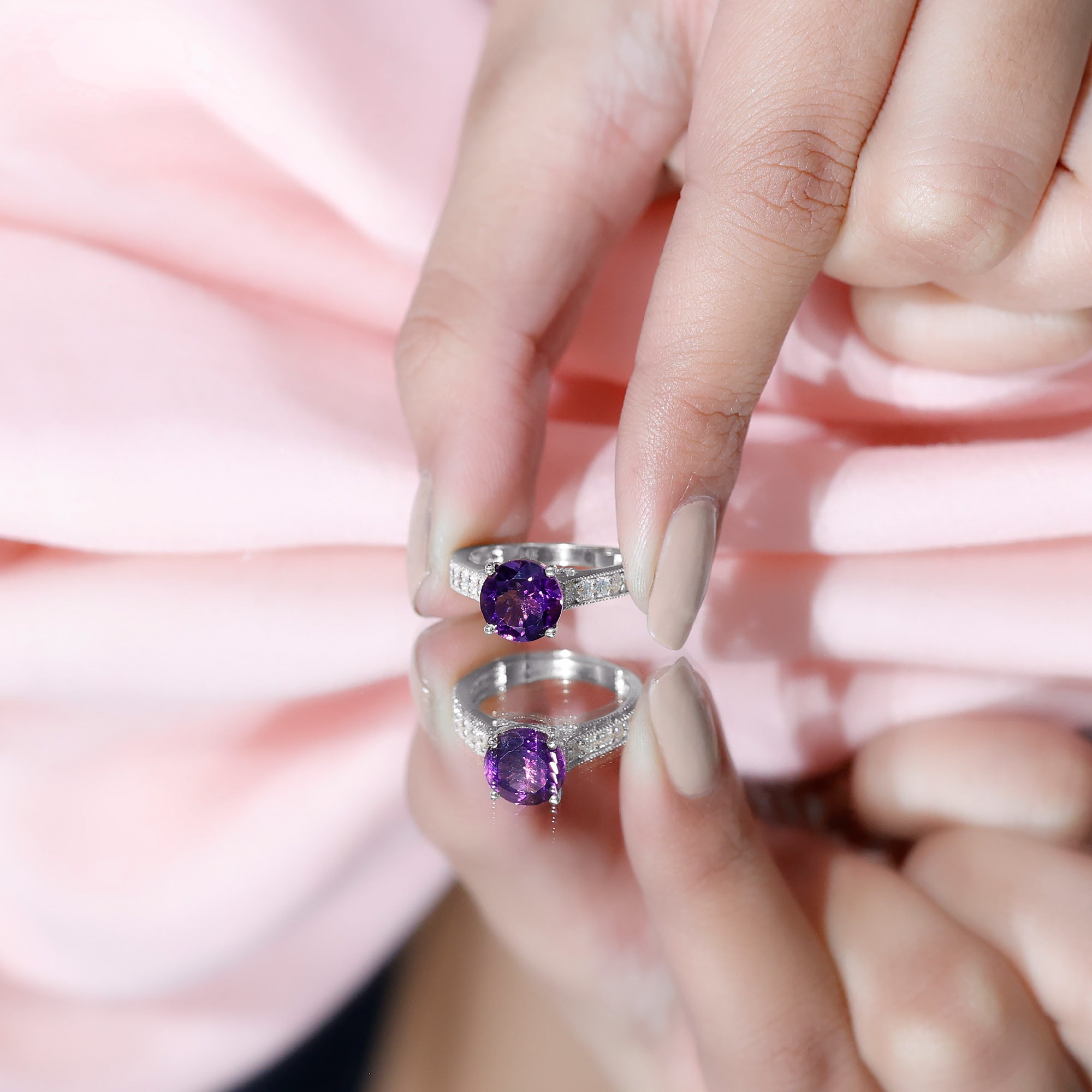 2.25 CT Round Amethyst Solitaire Engagement Ring with Moissanite Accents AAA - Rosec Jewels