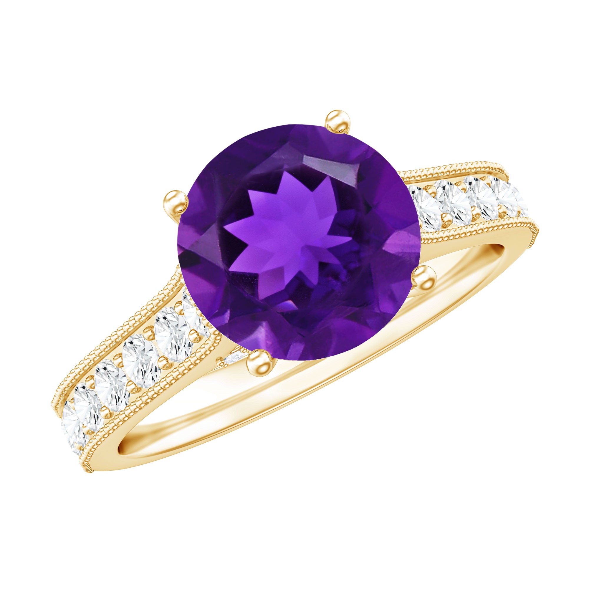 2.25 CT Round Amethyst Solitaire Engagement Ring with Moissanite Accents AAA - Rosec Jewels