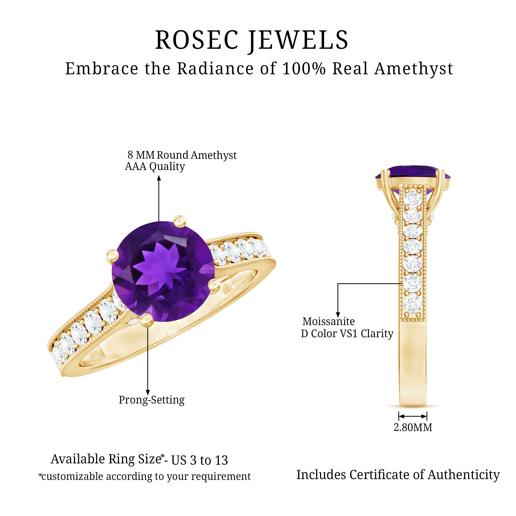 2.25 CT Round Amethyst Solitaire Engagement Ring with Moissanite Accents AAA - Rosec Jewels