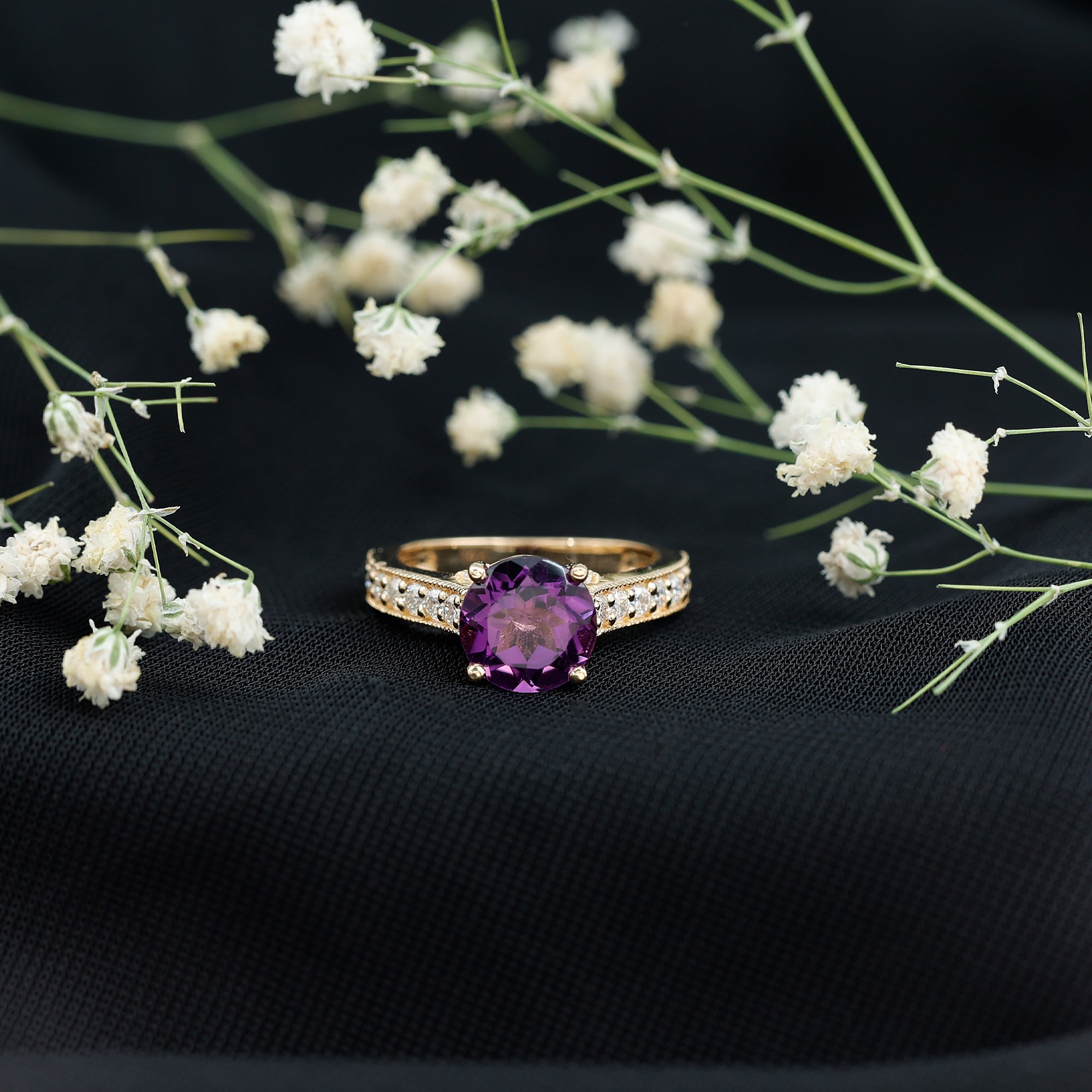 2.25 CT Round Amethyst Solitaire Engagement Ring with Moissanite Accents AAA - Rosec Jewels