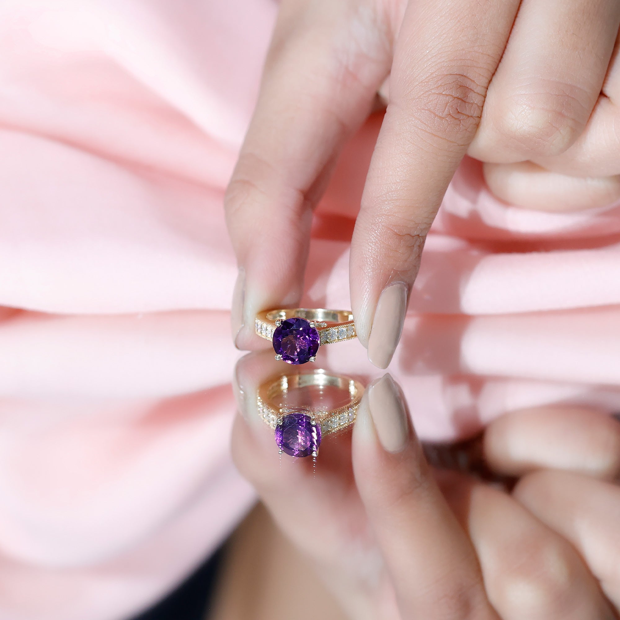 2.25 CT Round Amethyst Solitaire Engagement Ring with Moissanite Accents AAA - Rosec Jewels