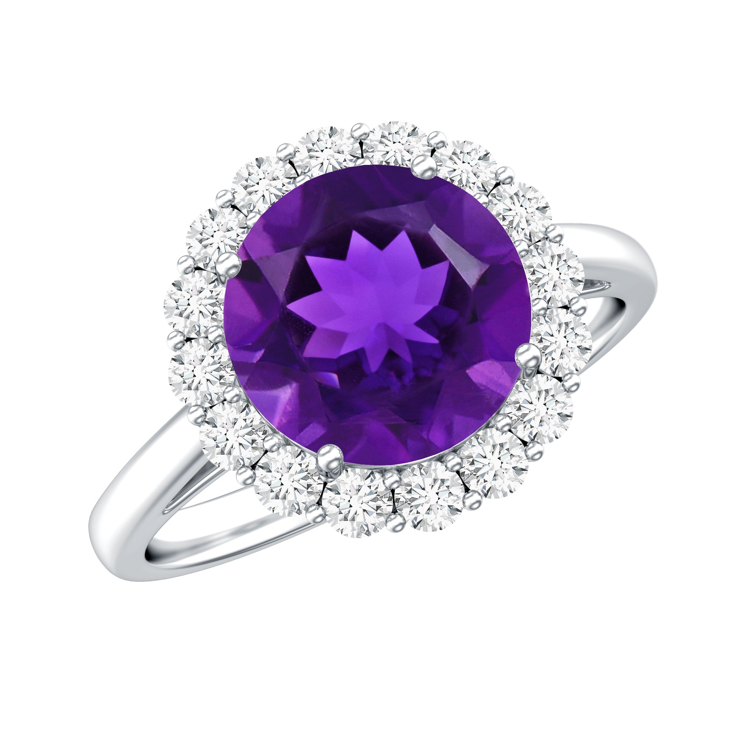 Certified Natural 2 Carat Amethyst Engagement Ring with Moissanite Halo AAA - Rosec Jewels