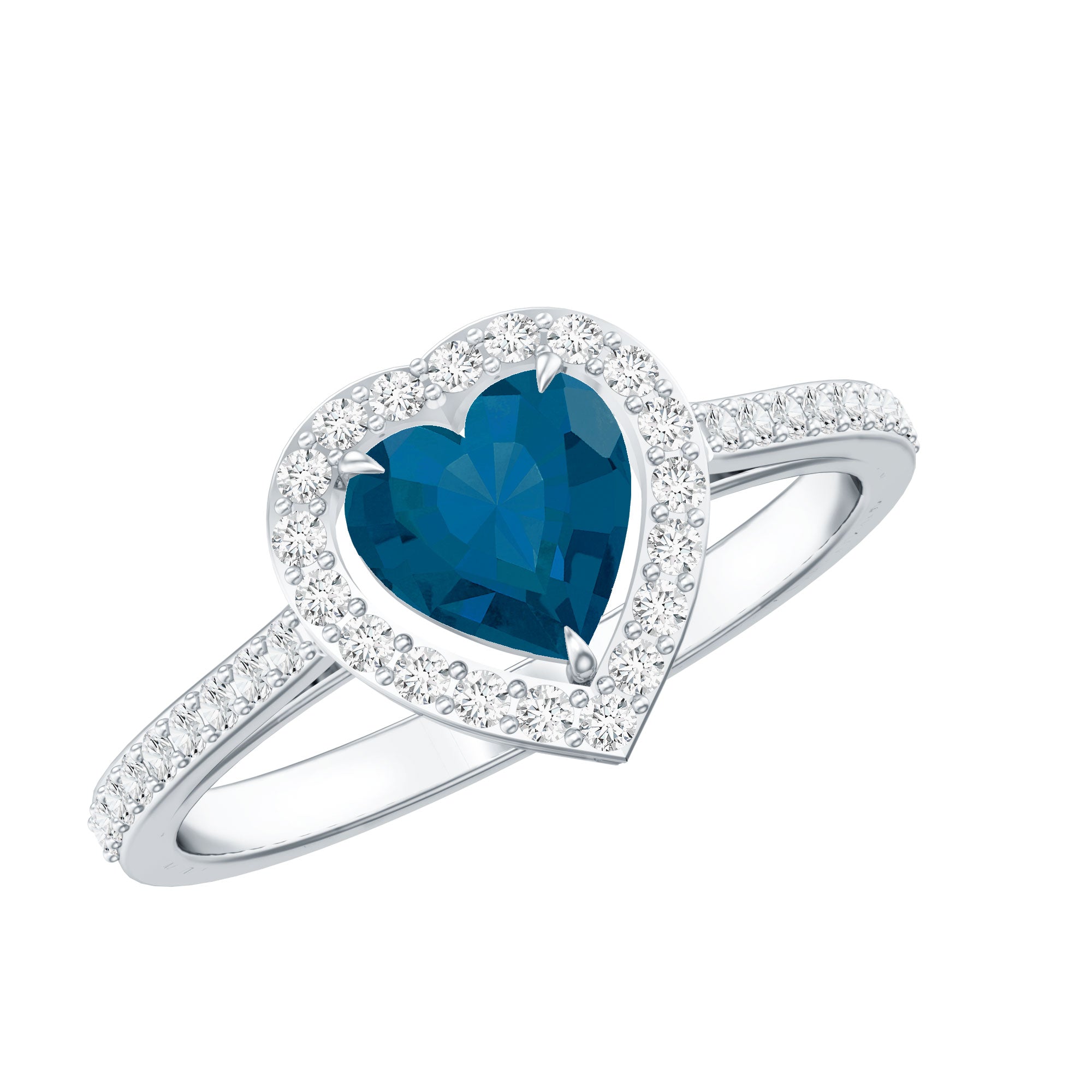 Heart Shaped London Blue Topaz Engagement Ring with Diamond Halo AAA - Rosec Jewels