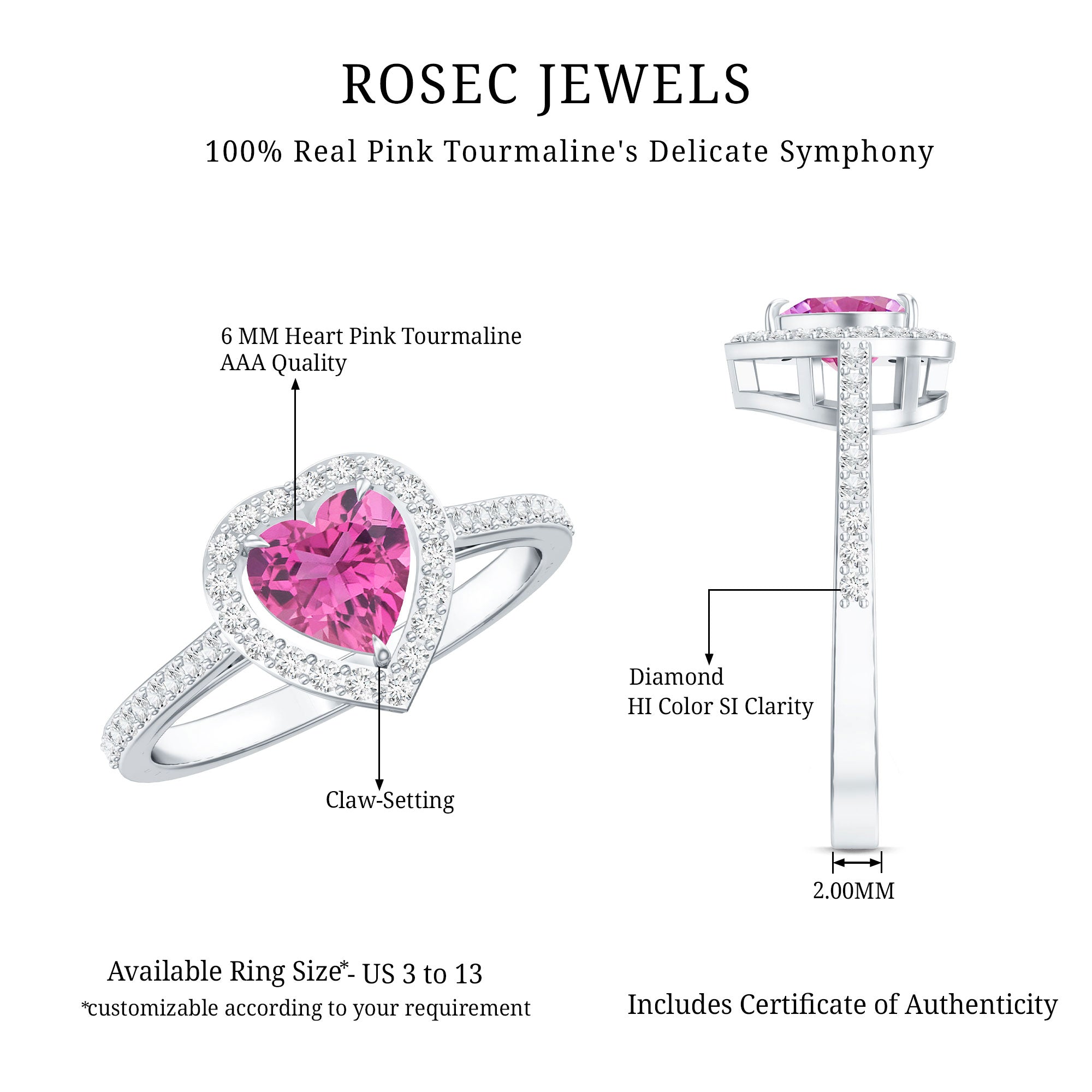 Heart Shape Pink Tourmaline Engagement Ring with Diamond Halo AAA - Rosec Jewels