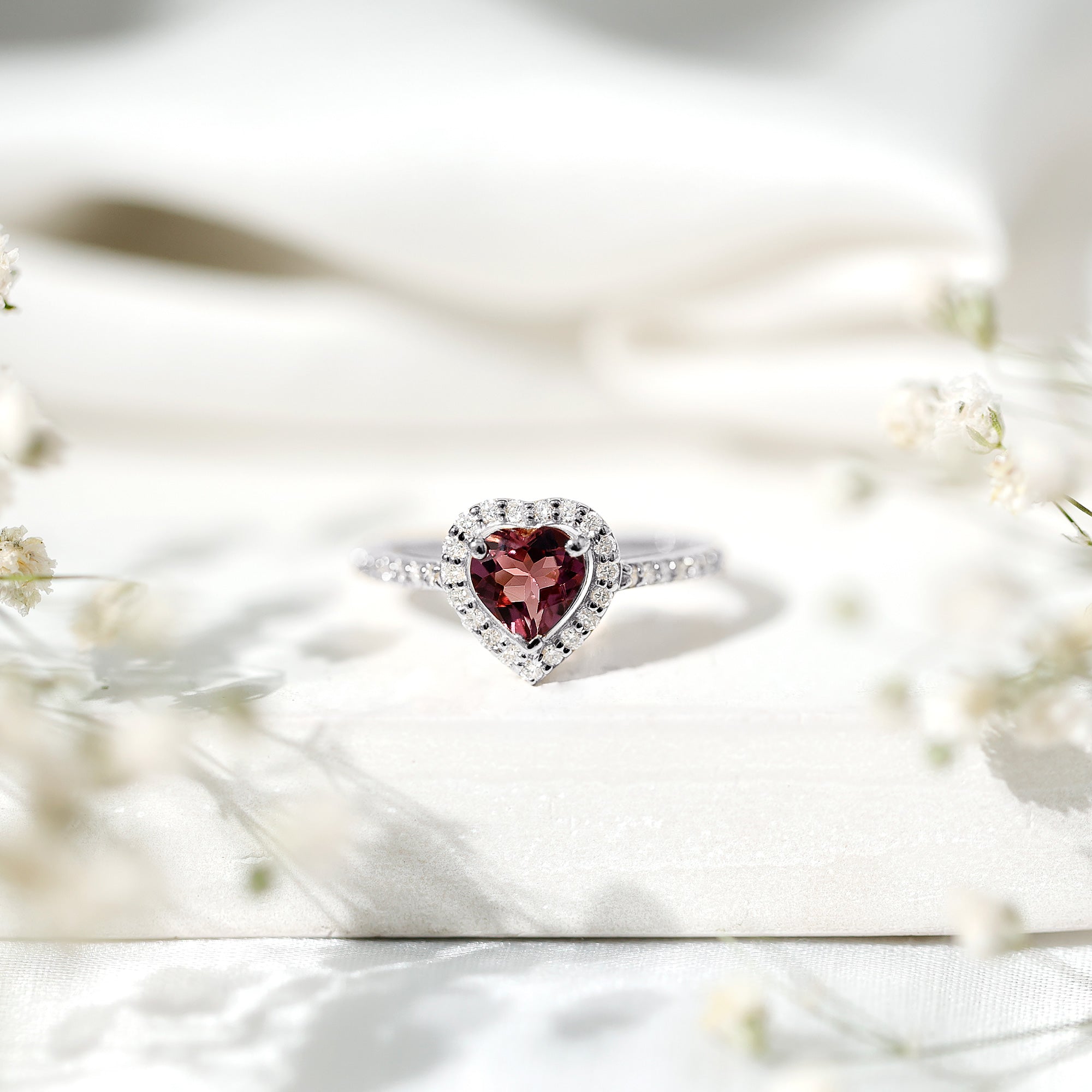 Heart Shape Pink Tourmaline Engagement Ring with Diamond Halo AAA - Rosec Jewels