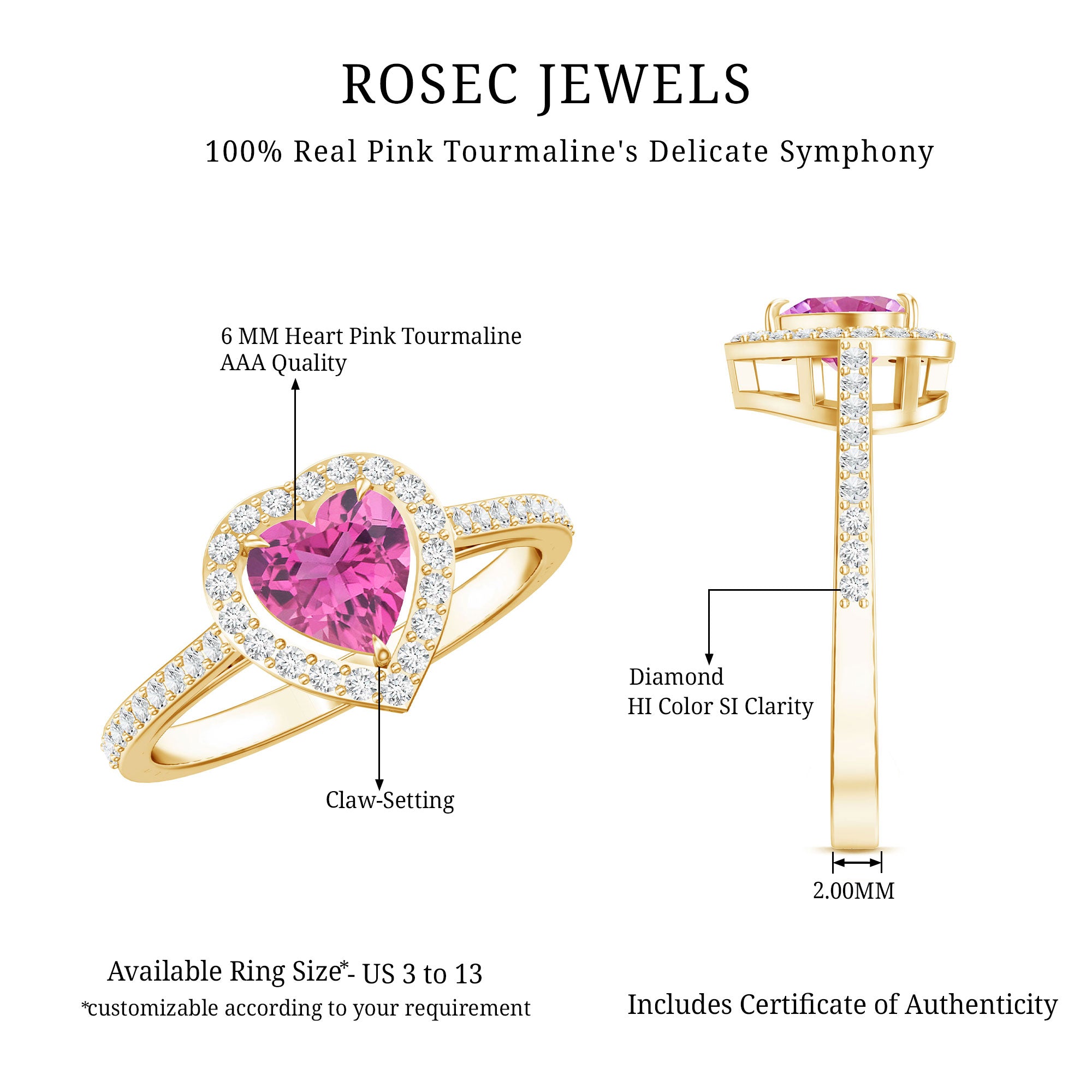 Heart Shape Pink Tourmaline Engagement Ring with Diamond Halo AAA - Rosec Jewels