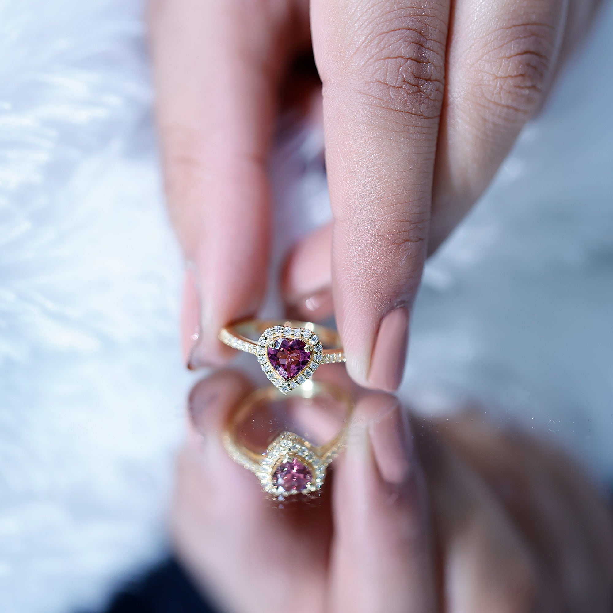 Heart Shape Pink Tourmaline Engagement Ring with Diamond Halo AAA - Rosec Jewels
