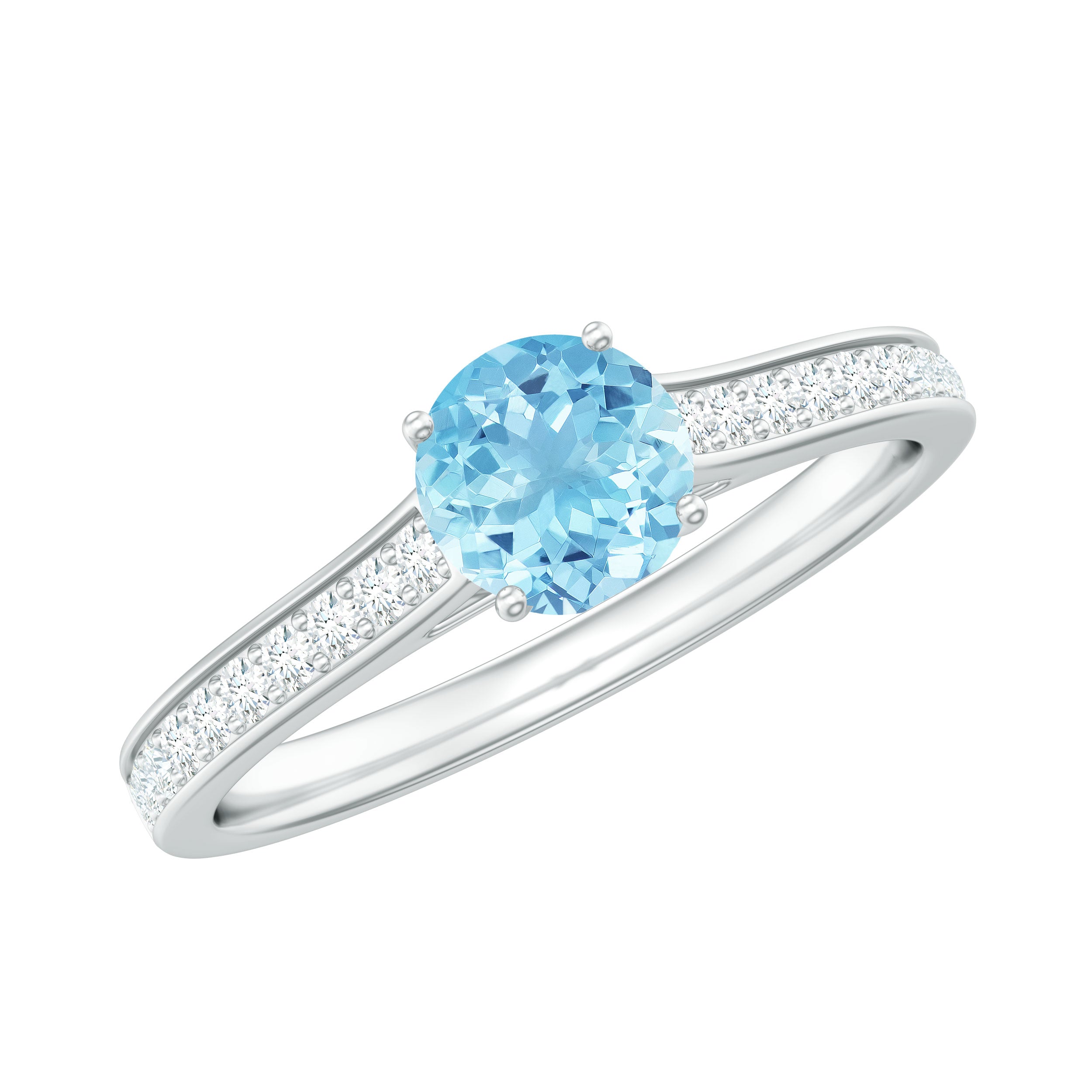 Certified Real Aquamarine Solitaire Ring with Diamond Side Stones