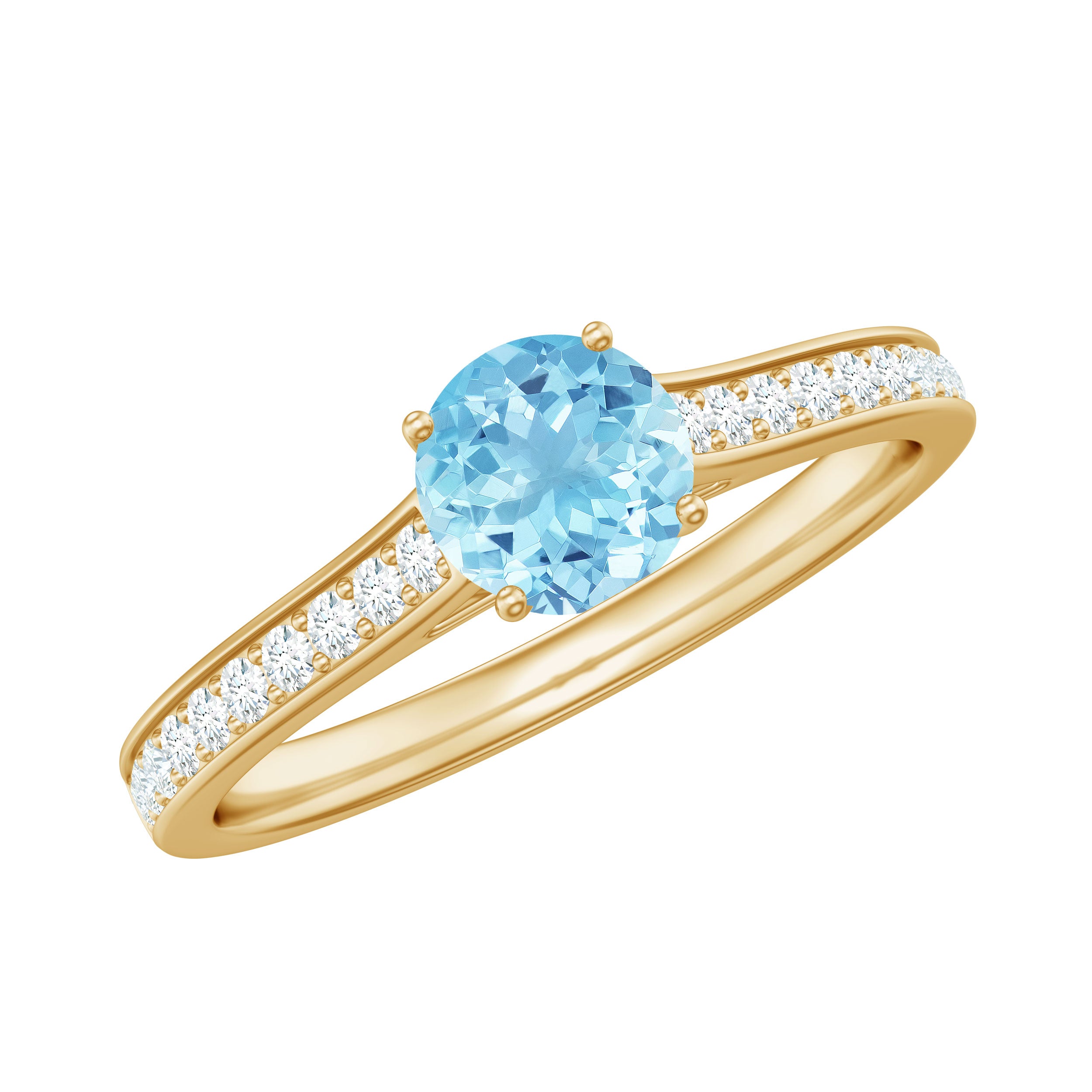 Certified Real Aquamarine Solitaire Ring with Diamond Side Stones AAA - Rosec Jewels