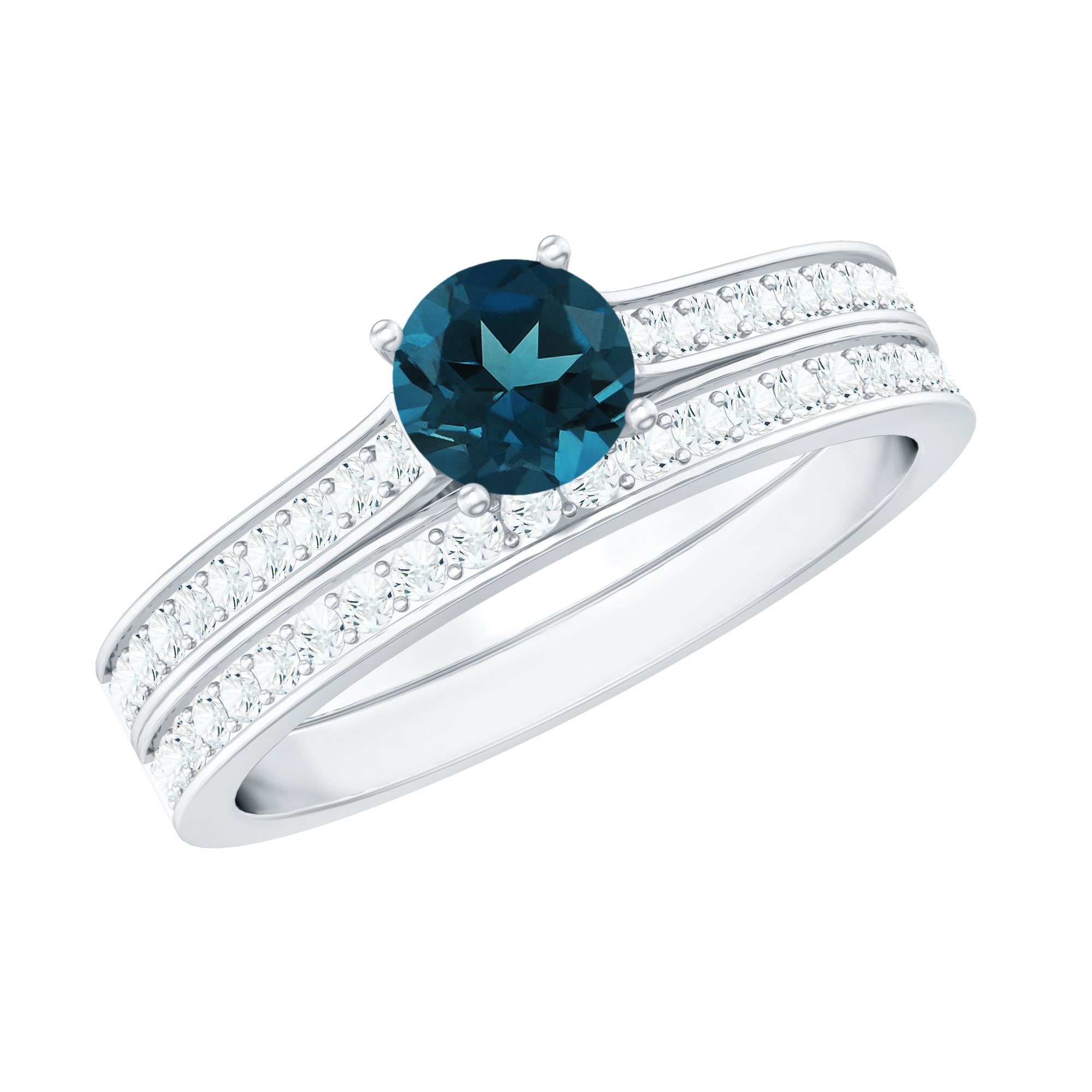 5mm London Blue Topaz Classic Engagement Ring with Diamond Wedding band AAA - Rosec Jewels
