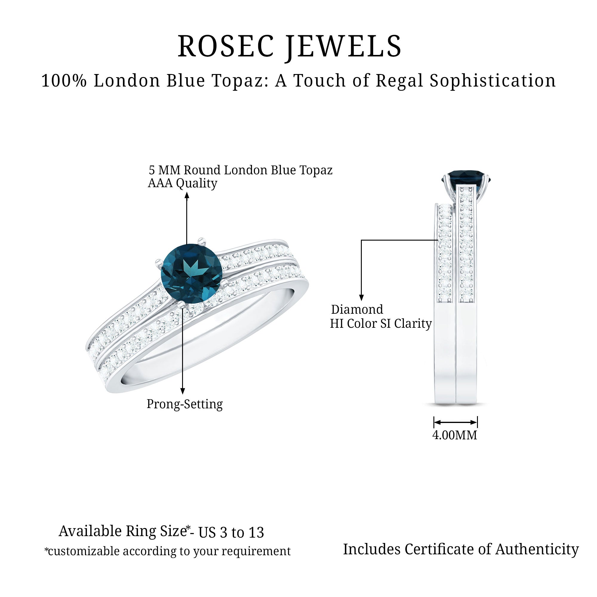 5mm London Blue Topaz Classic Engagement Ring with Diamond Wedding band AAA - Rosec Jewels