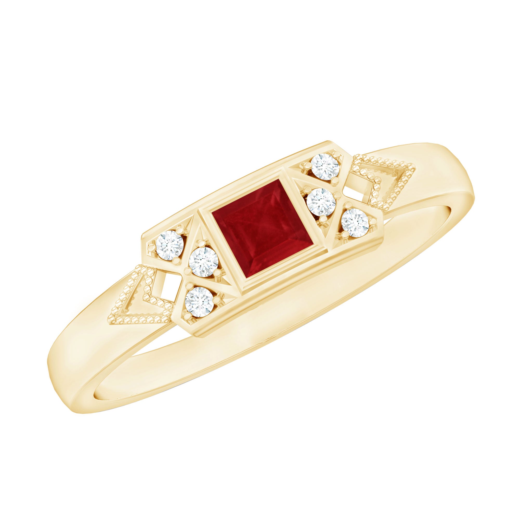 Art Deco Princess Cut Ruby Promise Ring with Diamond AAA - Rosec Jewels