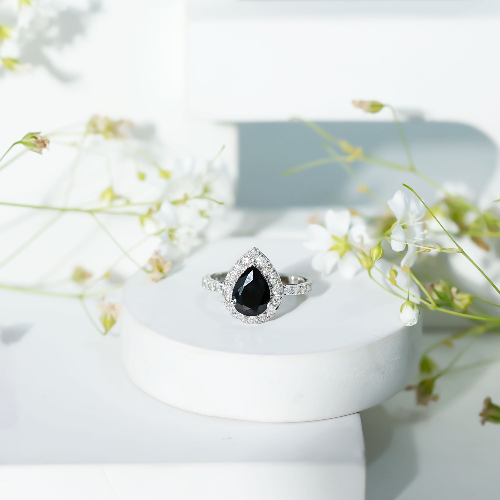 Certified 0.85 Carat Lab Grown Black Diamond Teardrop Engagement Ring with White Diamond AAAA ( Synthetic ) - Rosec Jewels