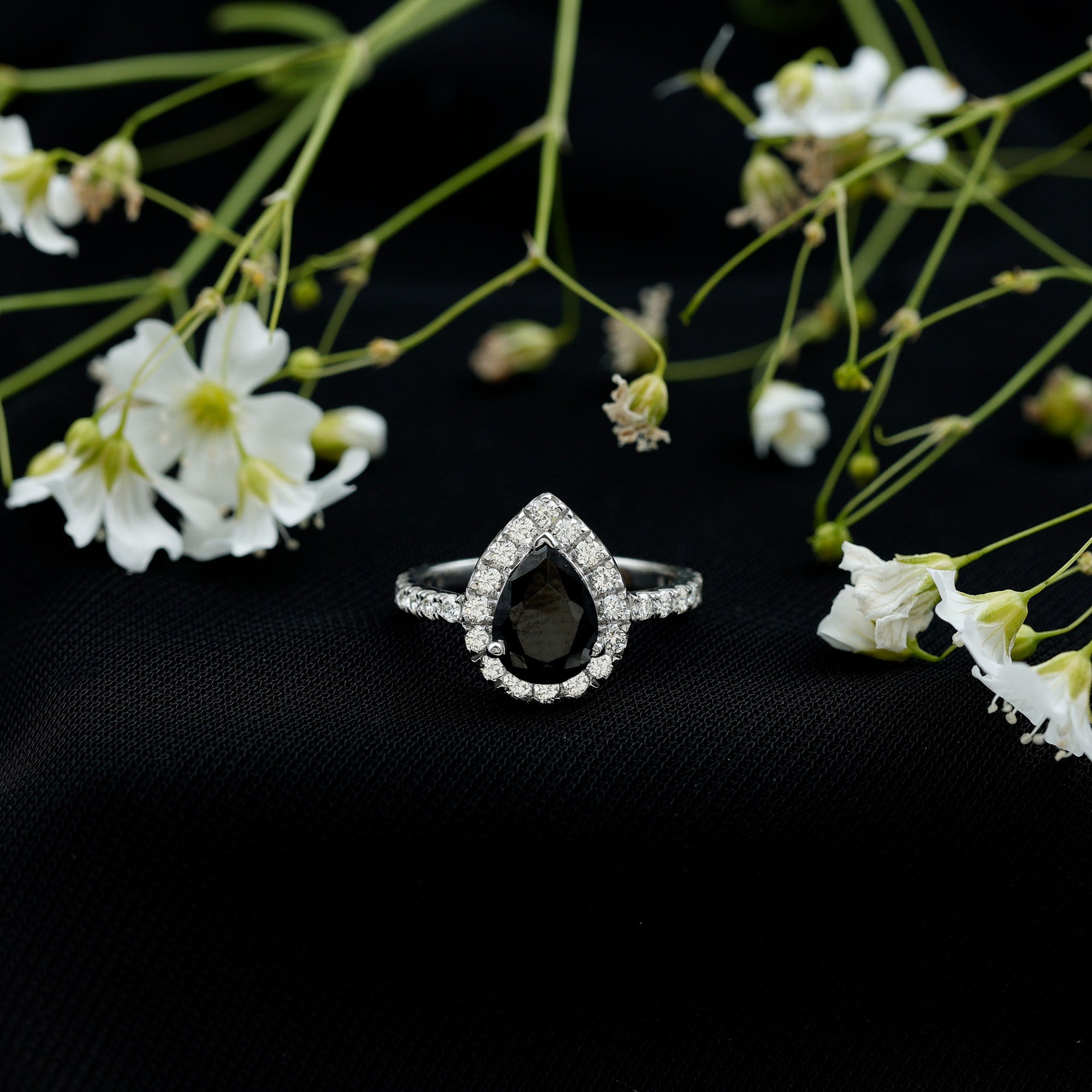 Certified 0.85 Carat Lab Grown Black Diamond Teardrop Engagement Ring with White Diamond AAAA ( Synthetic ) - Rosec Jewels