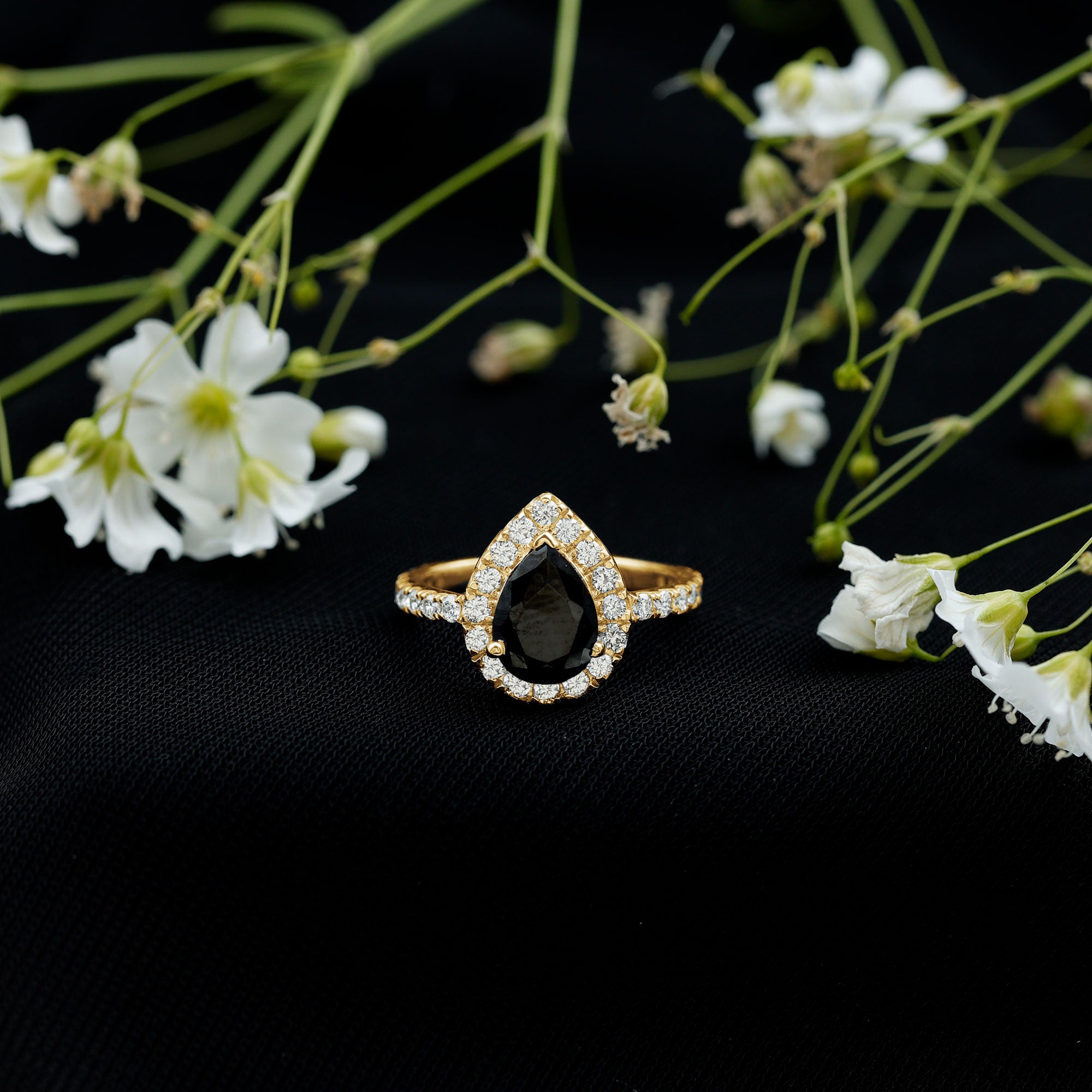 Certified 0.85 Carat Lab Grown Black Diamond Teardrop Engagement Ring with White Diamond AAAA ( Synthetic ) - Rosec Jewels