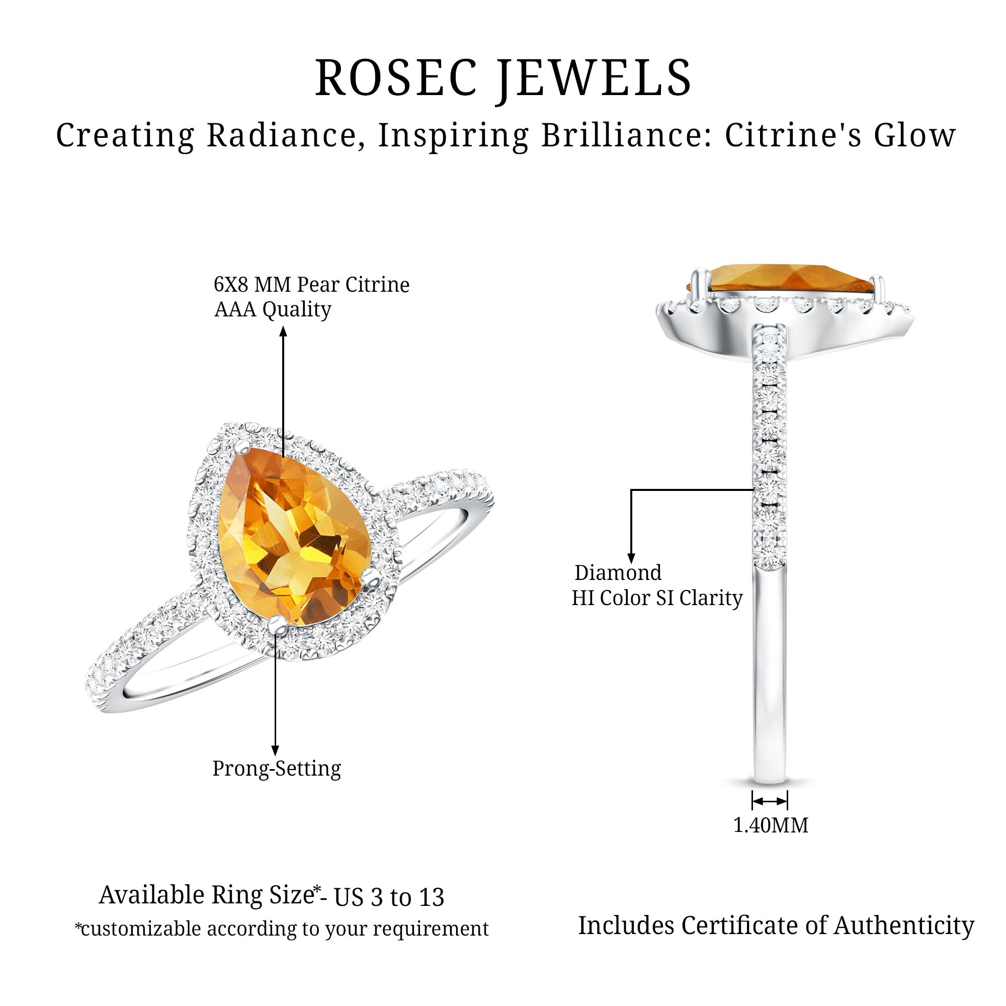 Natural 6X8mm Pear Shape Citrine Engagement Ring with Diamond Halo AAA - Rosec Jewels