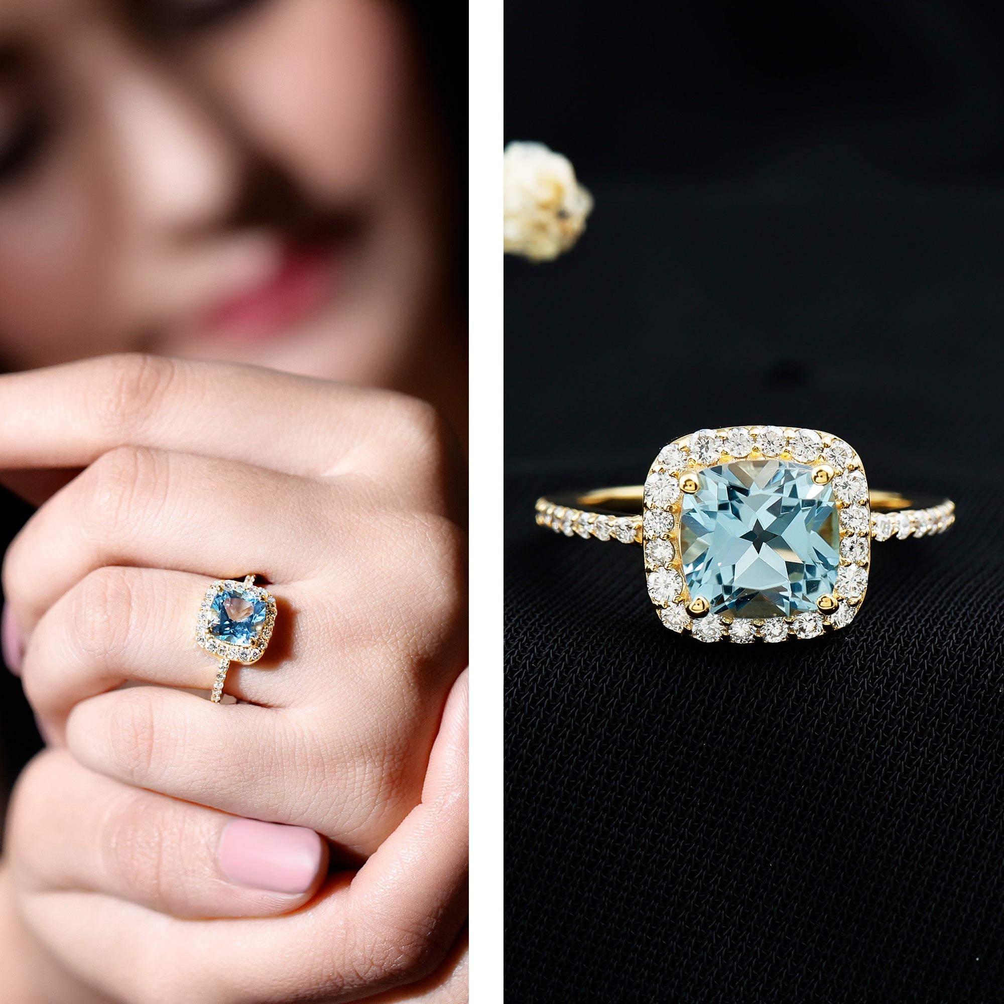 Rosec Jewels-Cushion Cut Sky Blue Topaz and Diamond Halo Engagement Ring