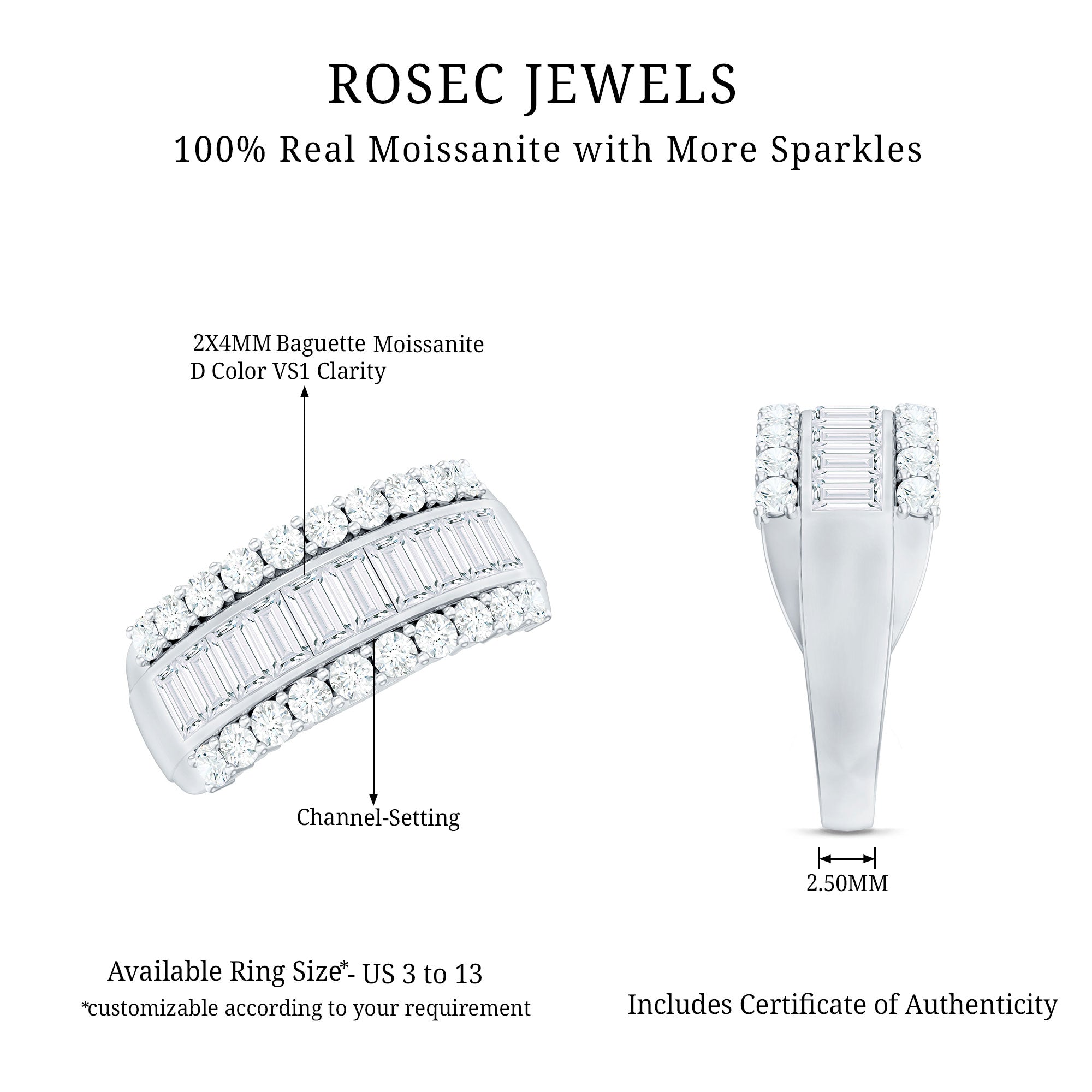Certified Moissanite Wide Wedding Band Ring D-VS1 - Rosec Jewels