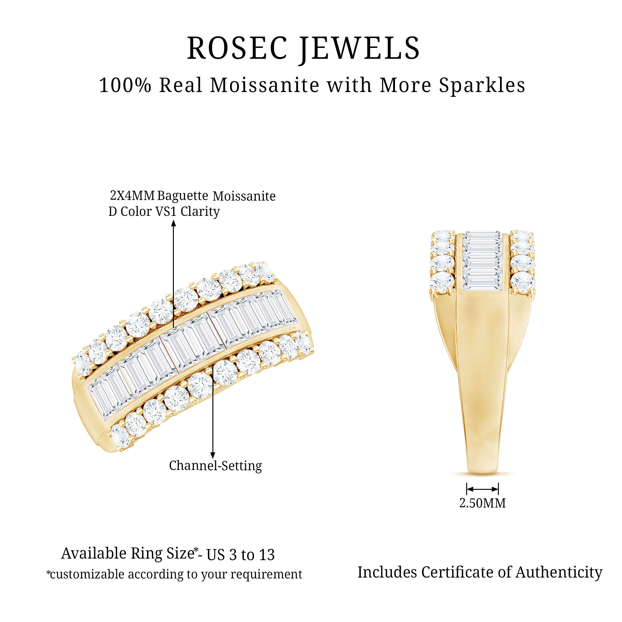 Certified Moissanite Wide Wedding Band Ring D-VS1 - Rosec Jewels