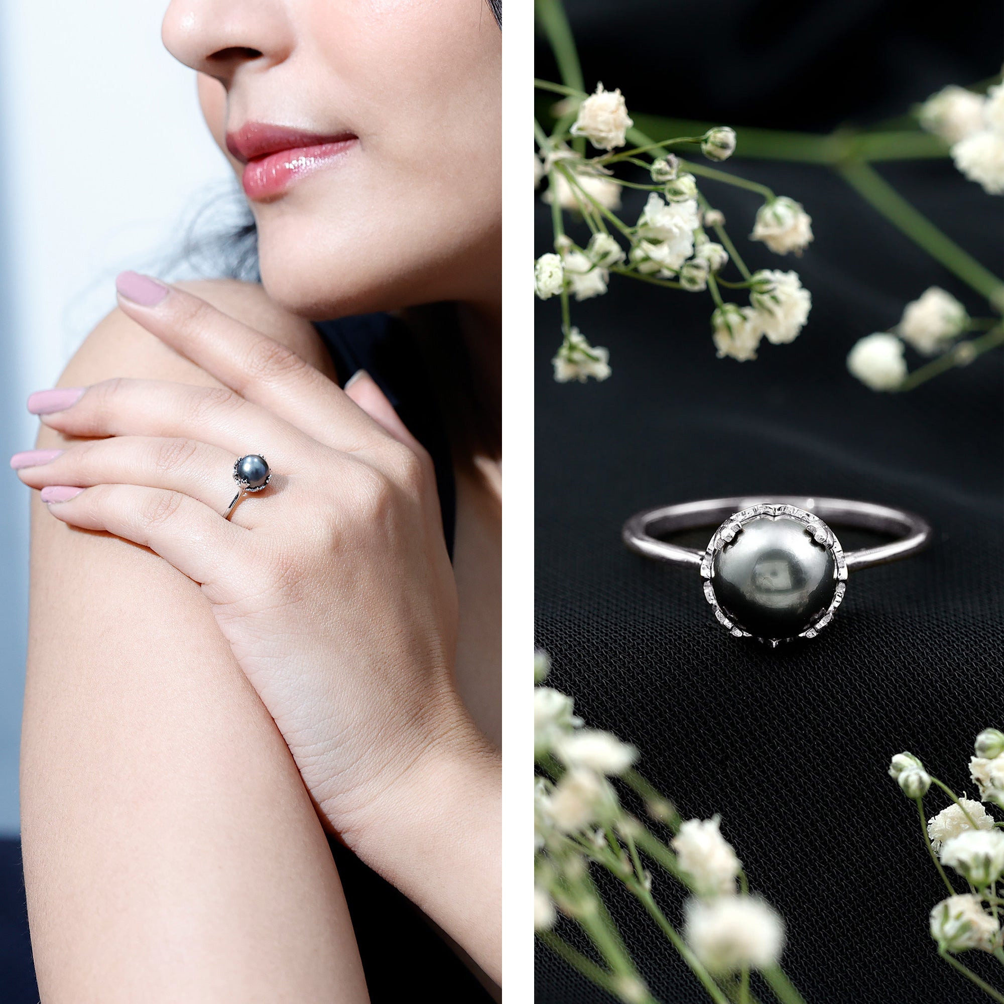 Handpicked Genuine Black Tahitian Pearl Engagement Ring AAA - Rosec Jewels