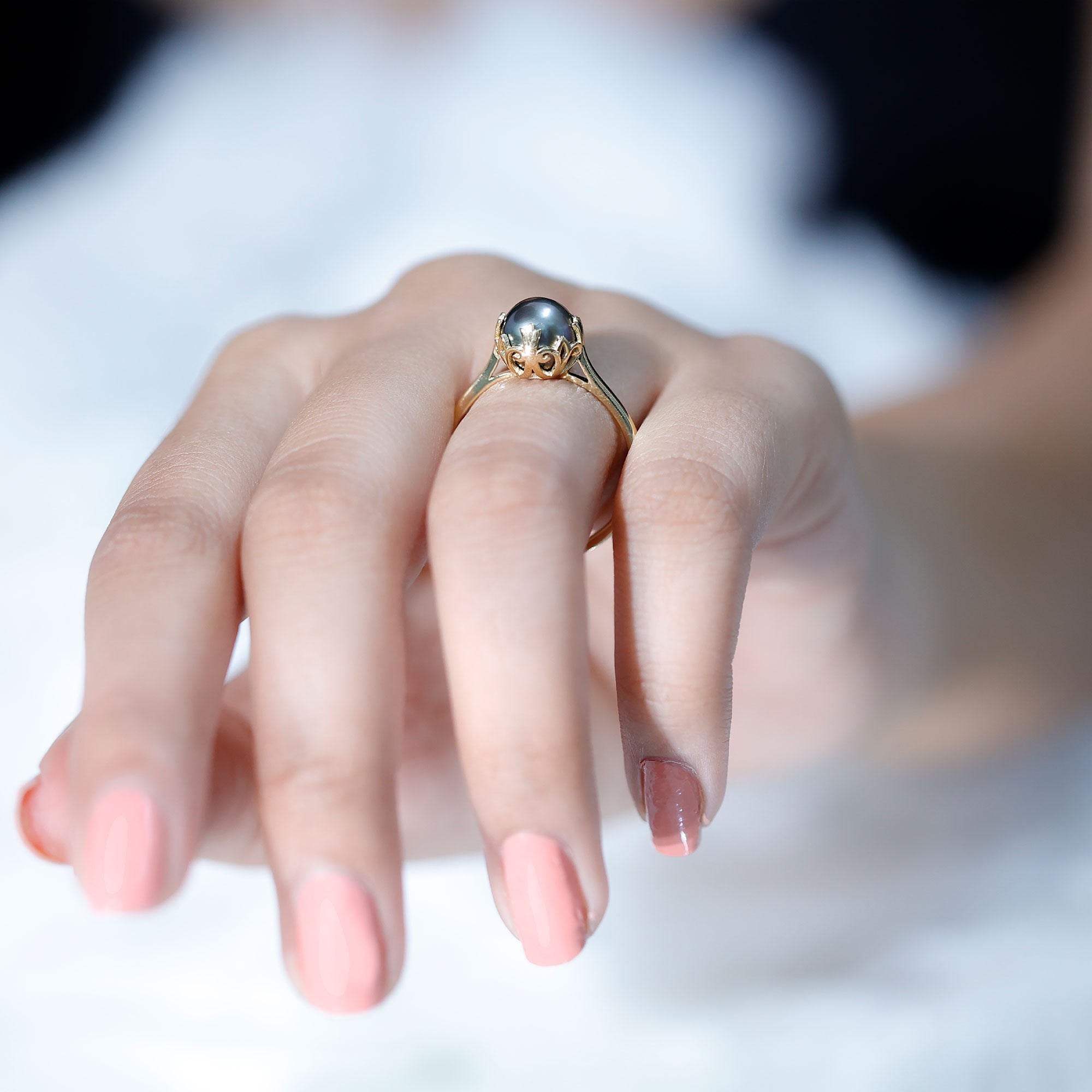 Handpicked Genuine Black Tahitian Pearl Engagement Ring AAA - Rosec Jewels