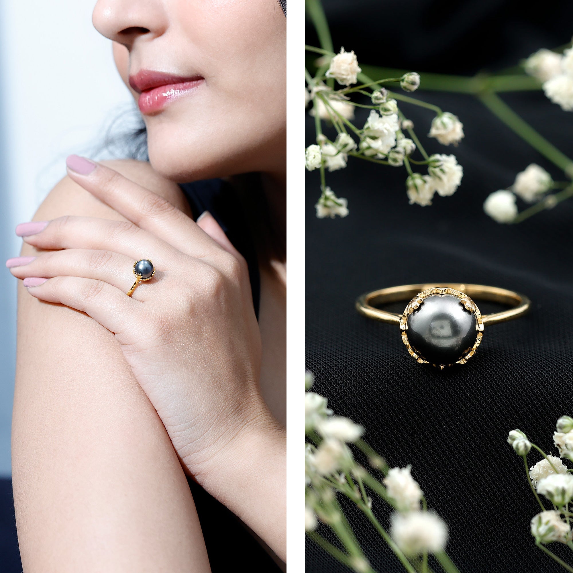 Handpicked Genuine Black Tahitian Pearl Engagement Ring AAA - Rosec Jewels