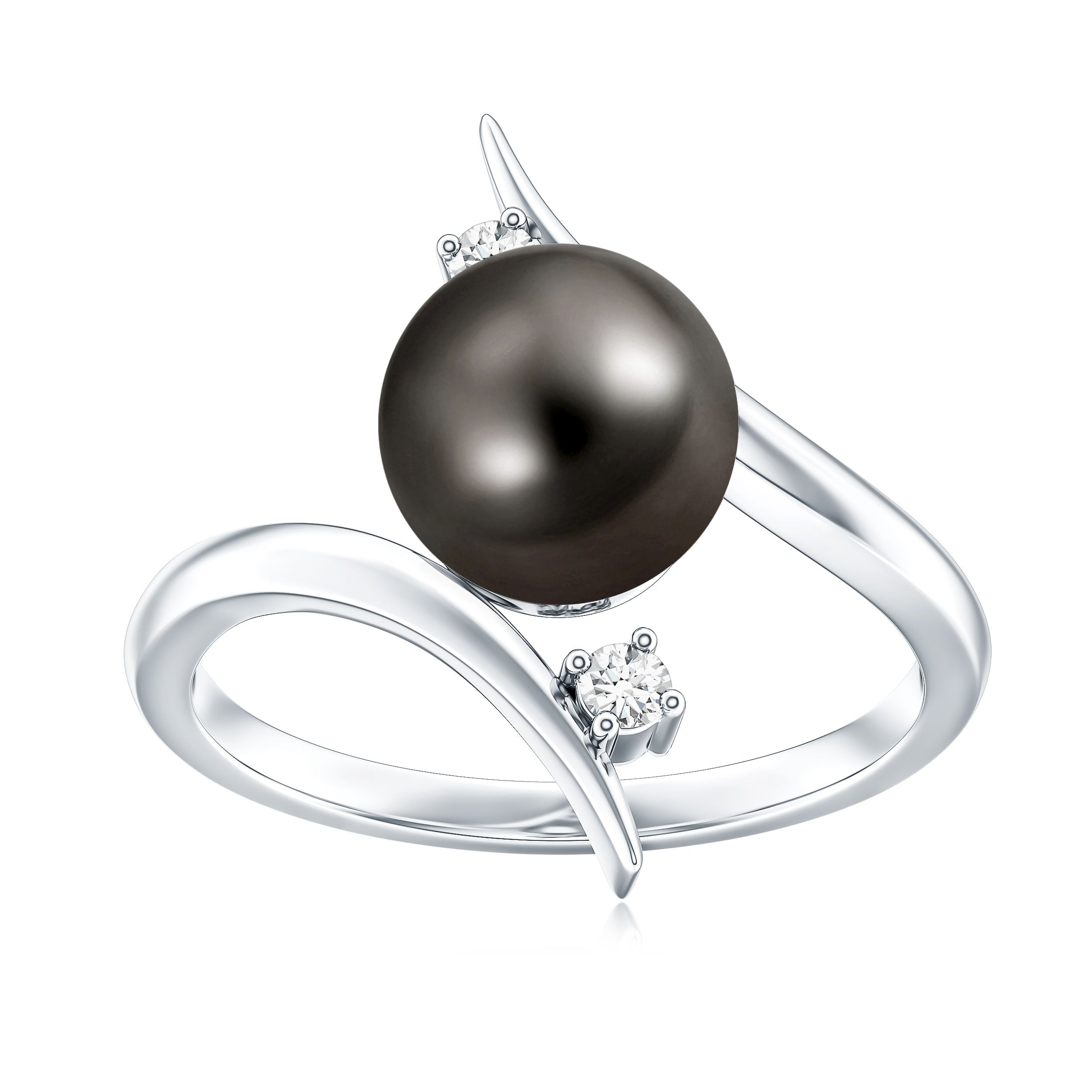 Tahitian Black Pearl Bypass Engagement Ring with Diamond AAA - Rosec Jewels