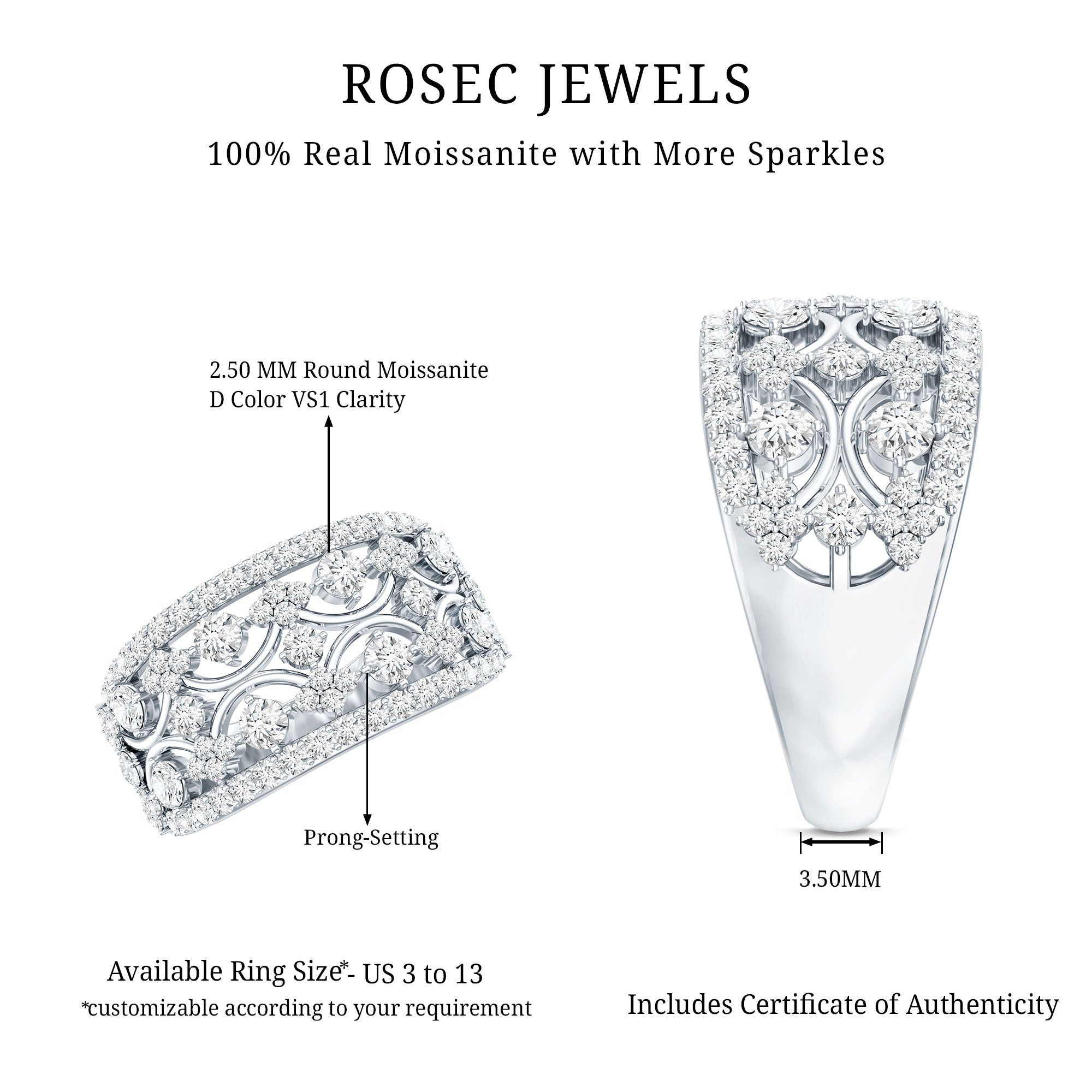 Certified Moissanite Vintage Wedding Band Ring D-VS1 - Rosec Jewels