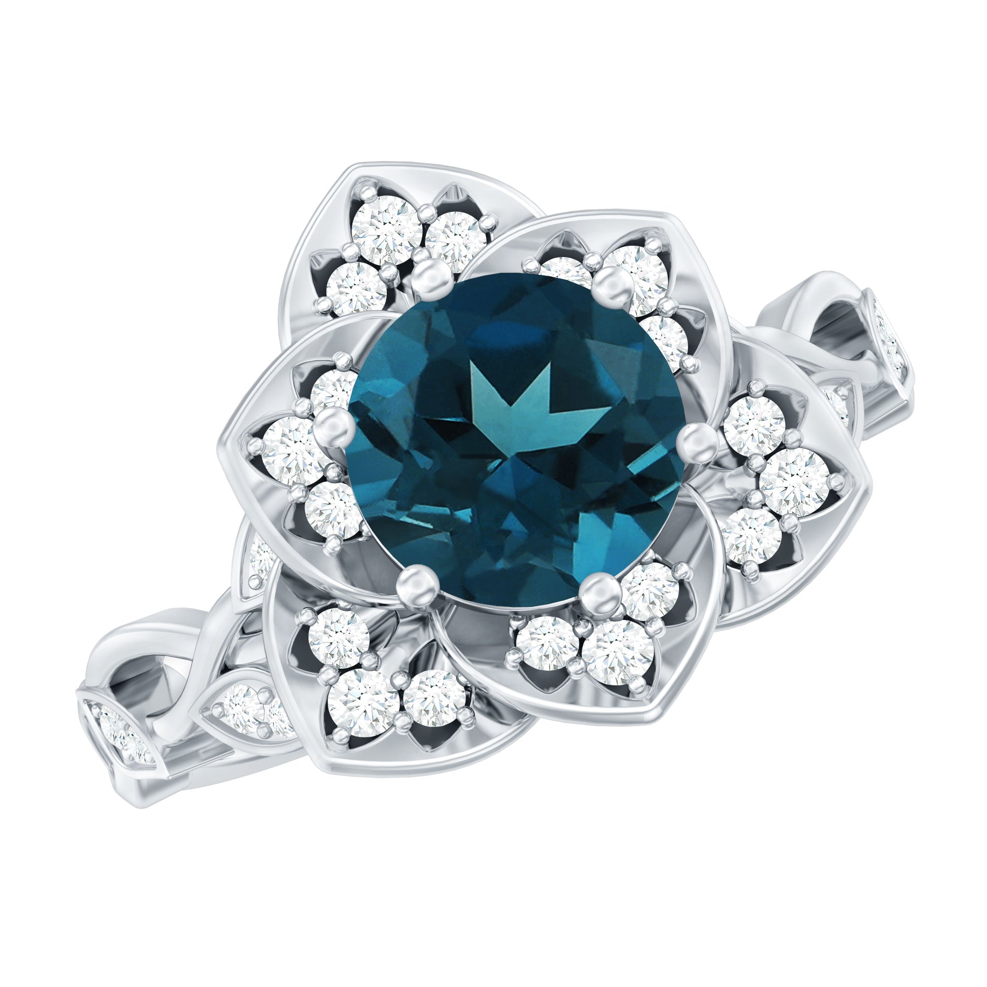 London Blue Topaz and Diamond Cocktail Flower Engagement Ring AAA - Rosec Jewels