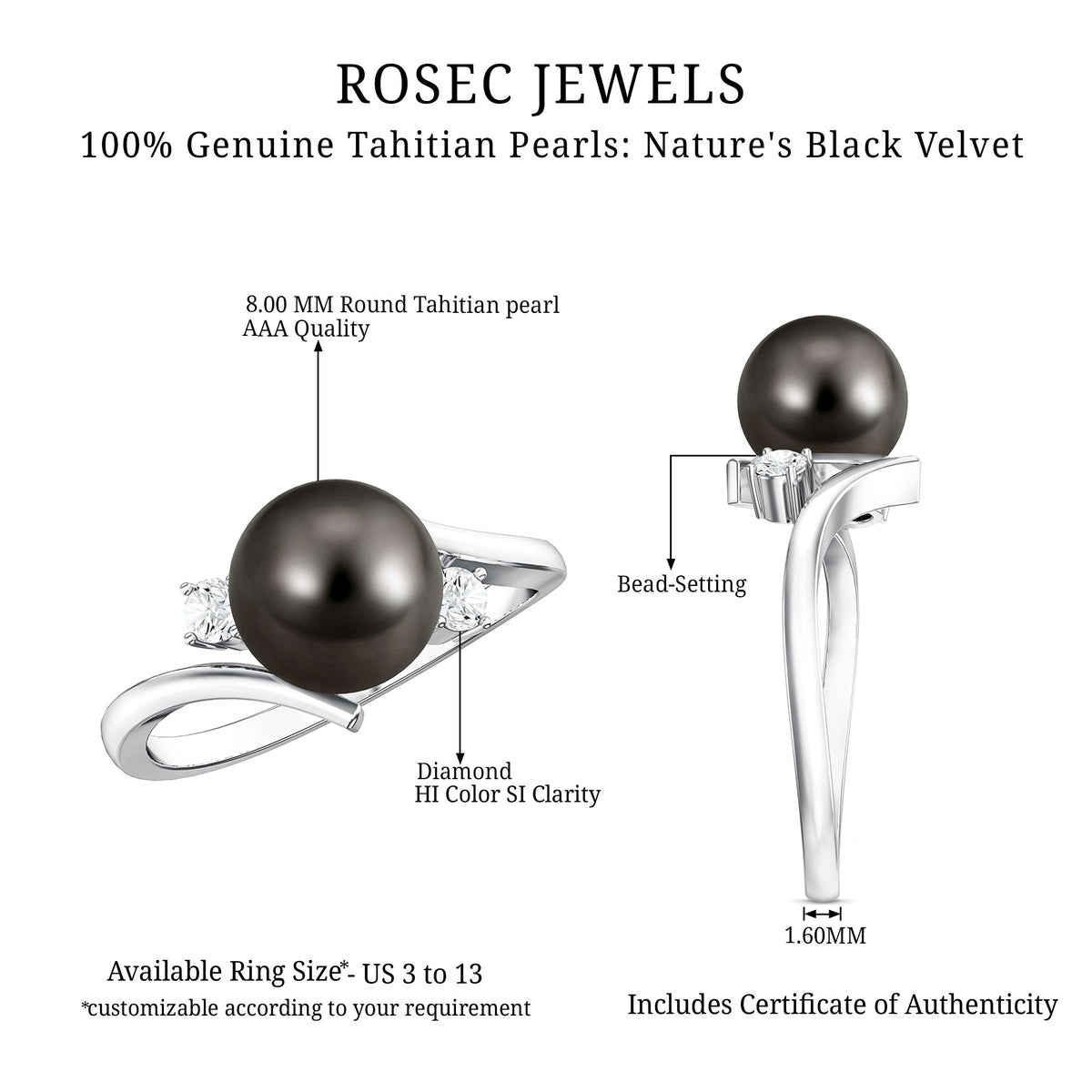Natural Tahitian Black Pearl Diamond Vintage Engagement Ring AAA - Rosec Jewels