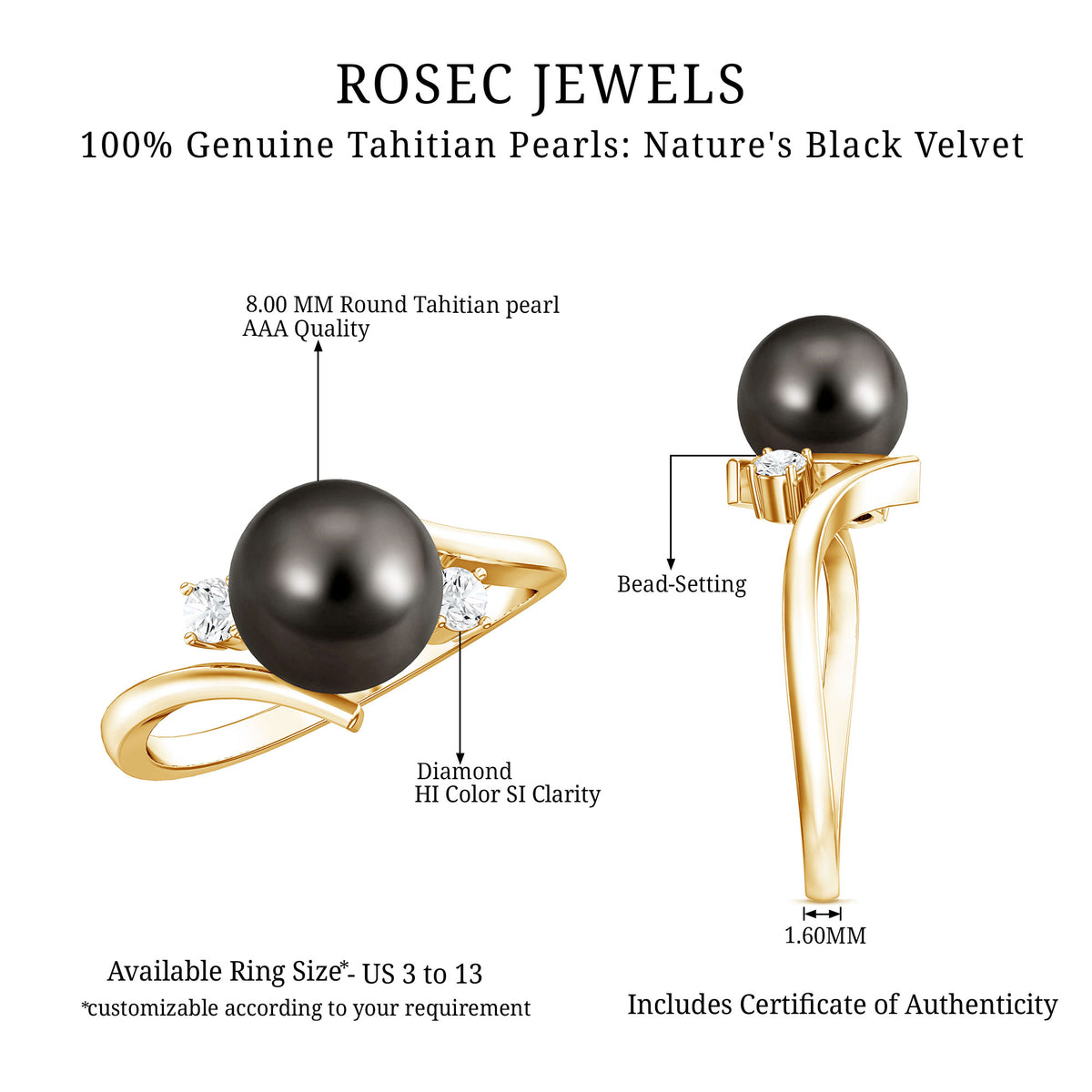 Natural Tahitian Black Pearl Diamond Vintage Engagement Ring AAA - Rosec Jewels