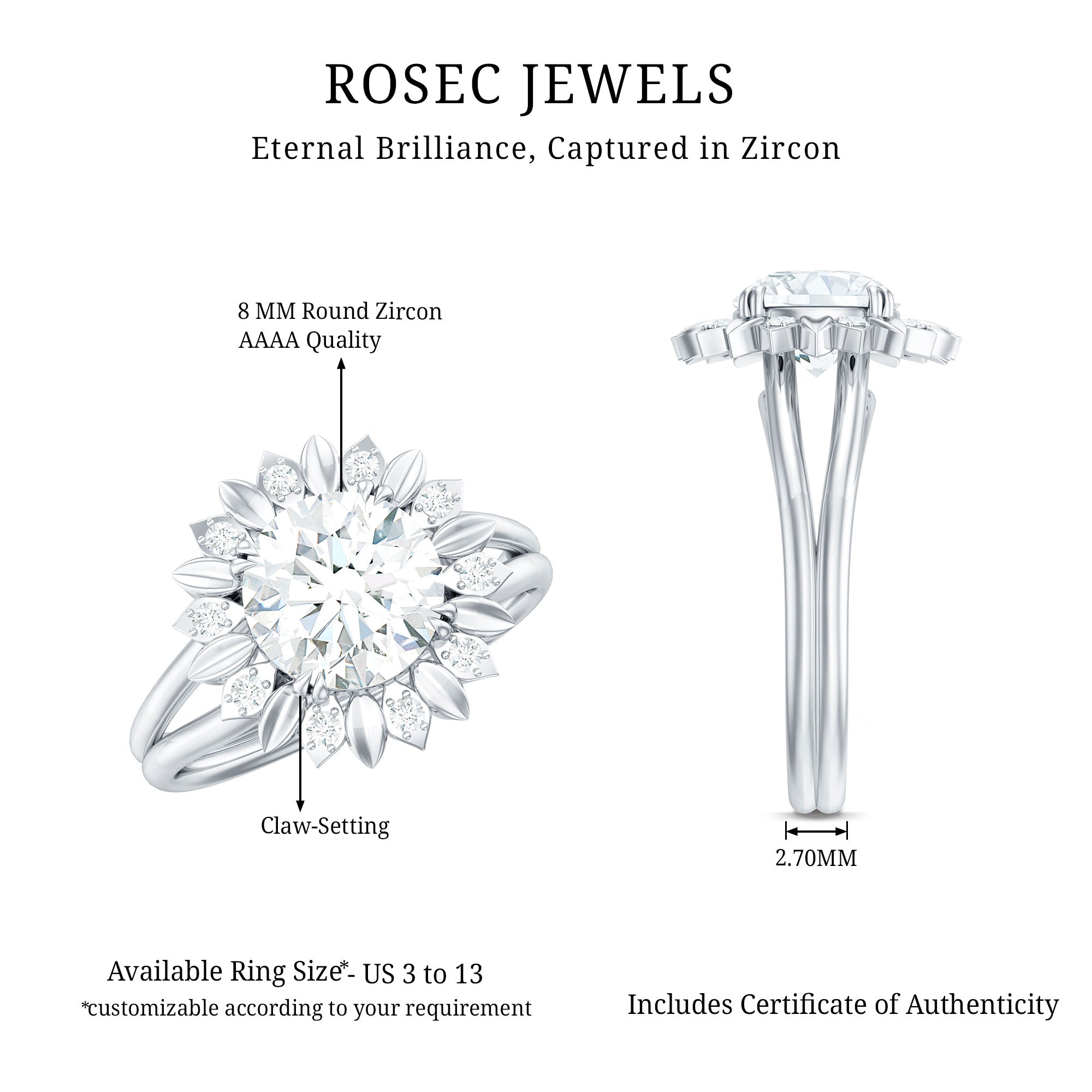 Round Cut Solitaire Zircon Gold Flower Engagement Ring in Split Shank AAAA - Rosec Jewels