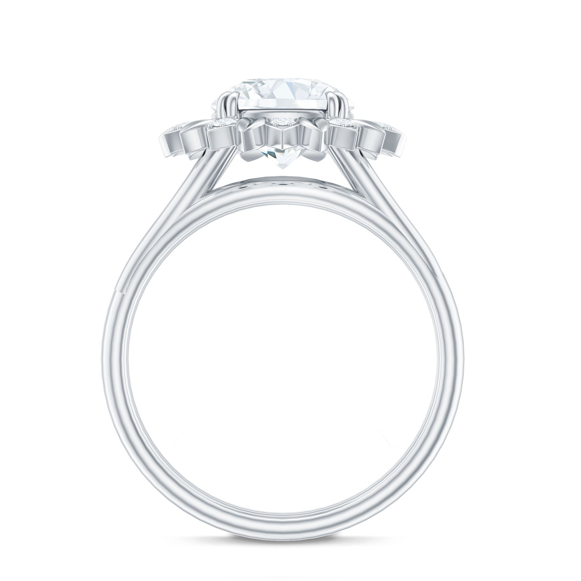 Round Cut Solitaire Zircon Gold Flower Engagement Ring in Split Shank AAAA - Rosec Jewels