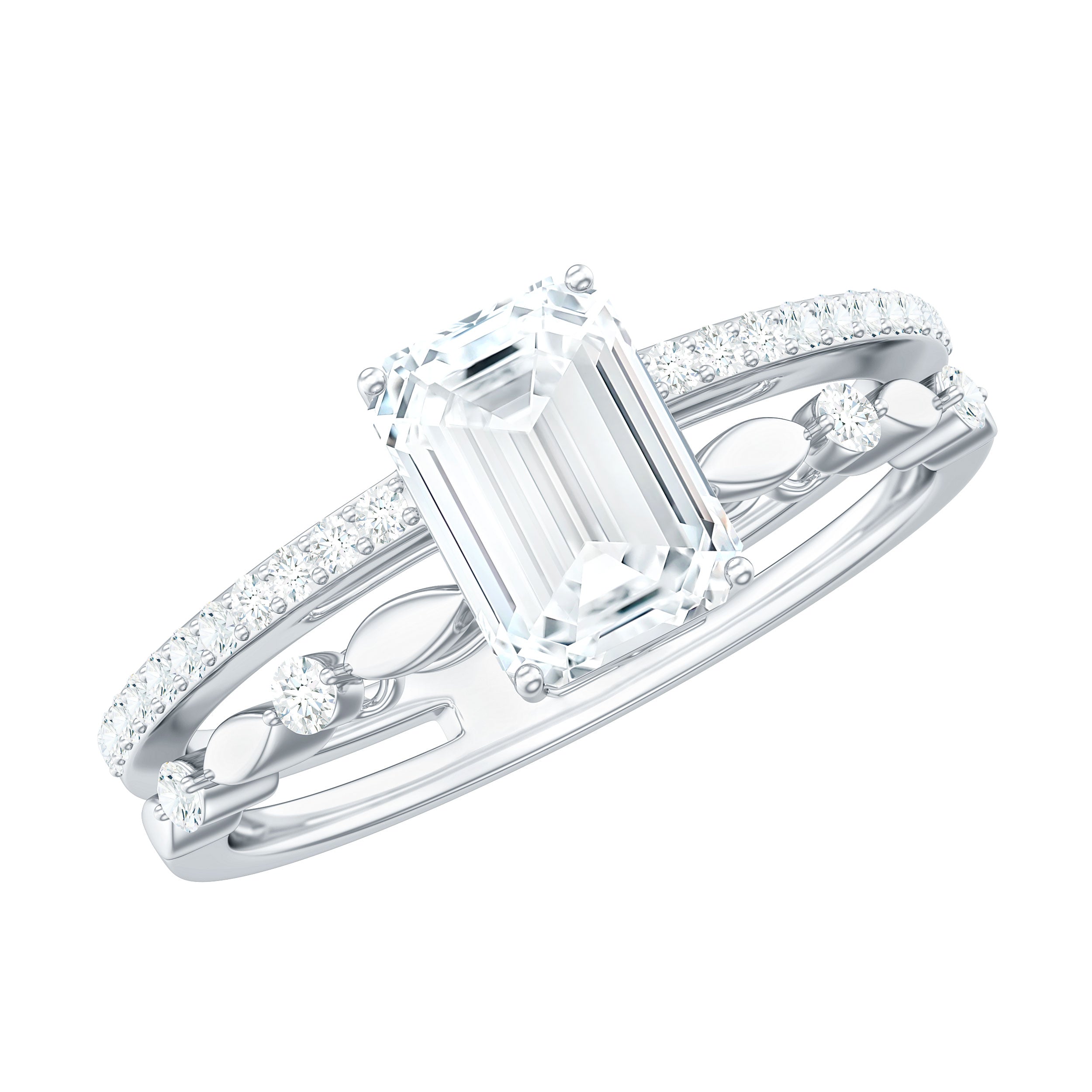 Rosec Jewels-6X8 mm Emerald Cut Moissanite Solitaire Engagement Double Band Ring