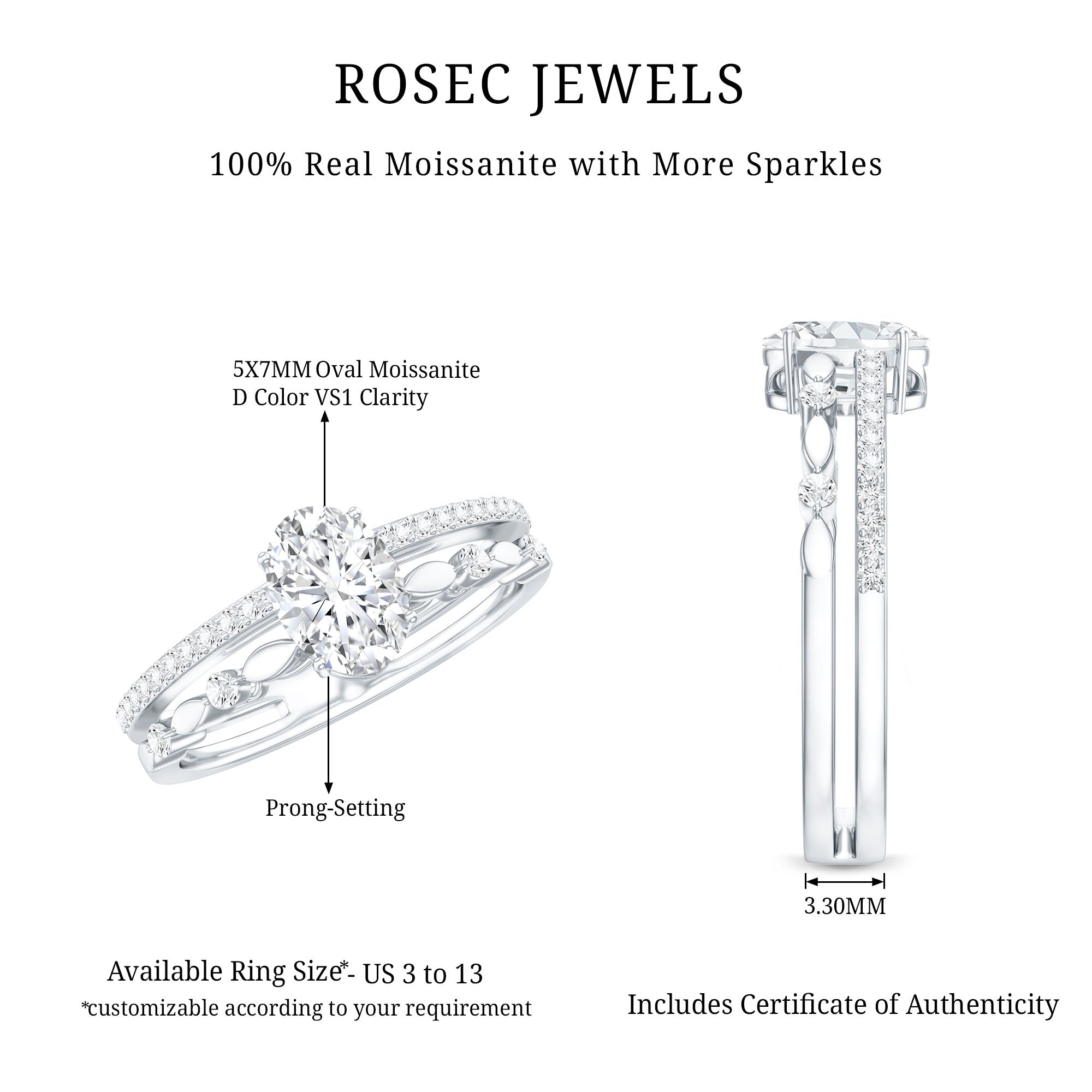 Oval Cut Moissanite Engagement Ring For Women D-VS1 - Rosec Jewels