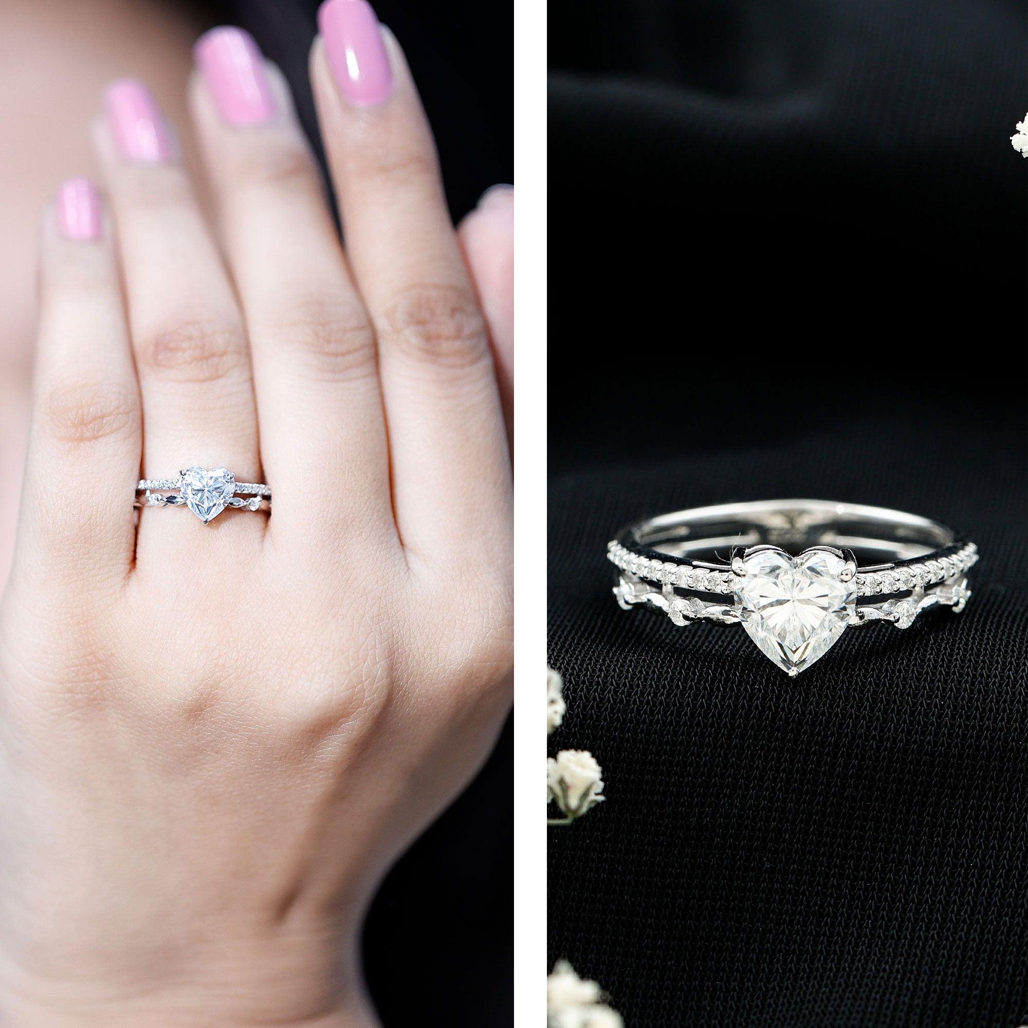 7 mm Heart Moissanite Solitaire Double Band Ring Set D-VS1 - Rosec Jewels