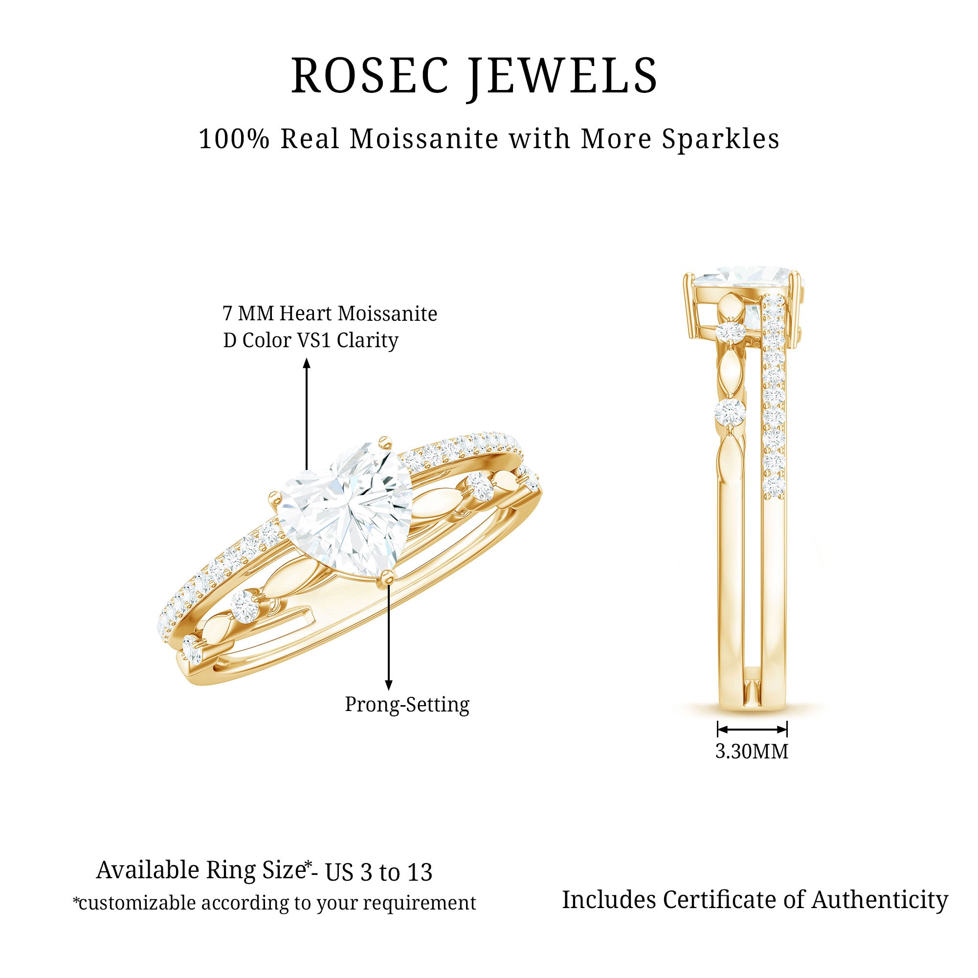 7 mm Heart Moissanite Solitaire Double Band Ring Set D-VS1 - Rosec Jewels