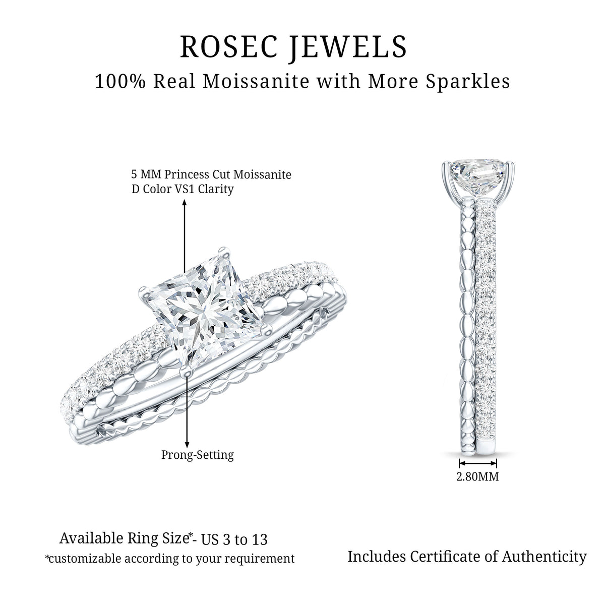 Certified Moissanite Square Cut Engagement Ring For Women D-VS1 - Rosec Jewels