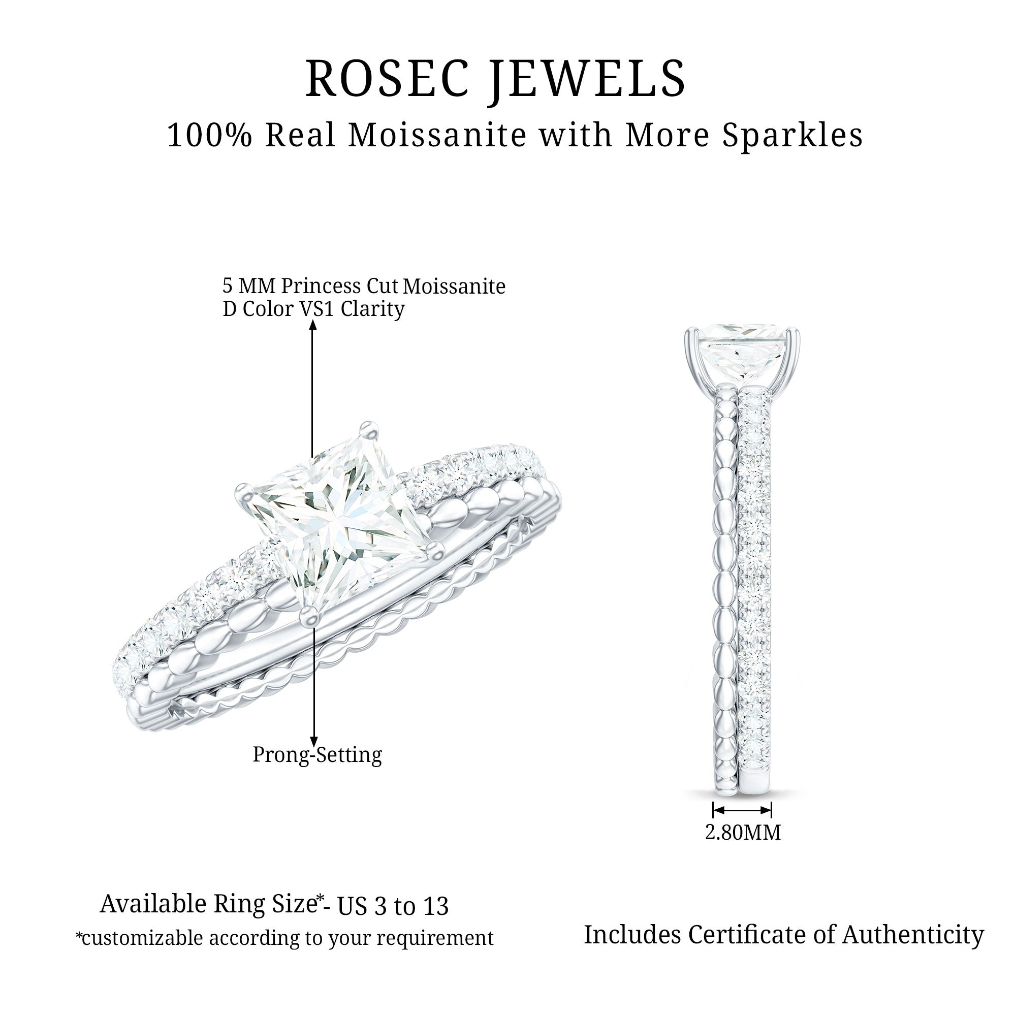 Certified Moissanite Square Cut Engagement Ring For Women D-VS1 - Rosec Jewels