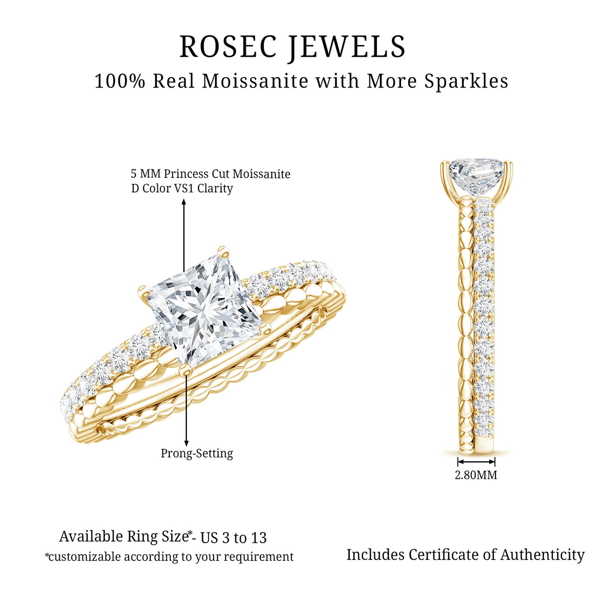 Certified Moissanite Square Cut Engagement Ring For Women D-VS1 - Rosec Jewels