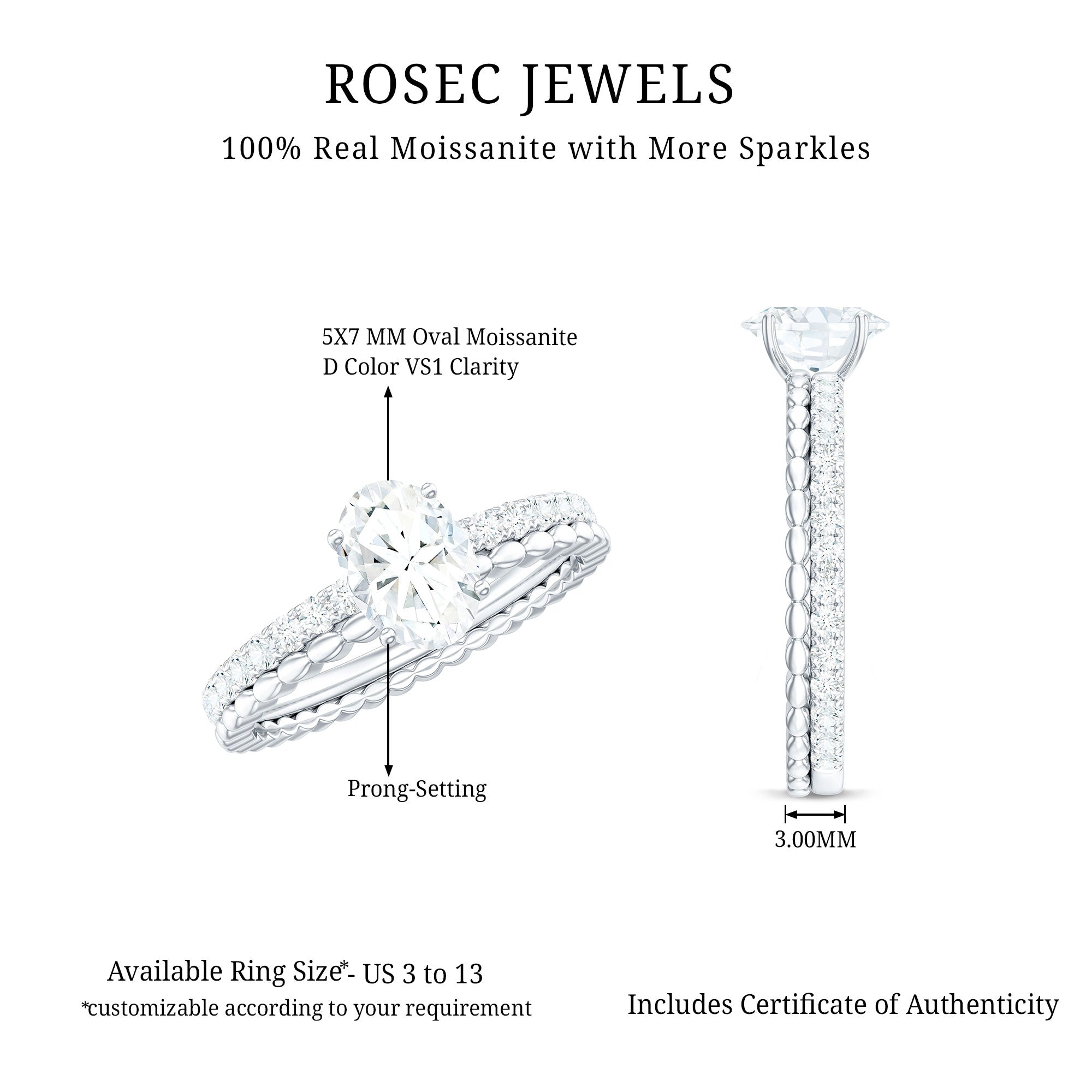 5x7mm Solitaire Moissanite Oblong Engagement Ring D-VS1 - Rosec Jewels