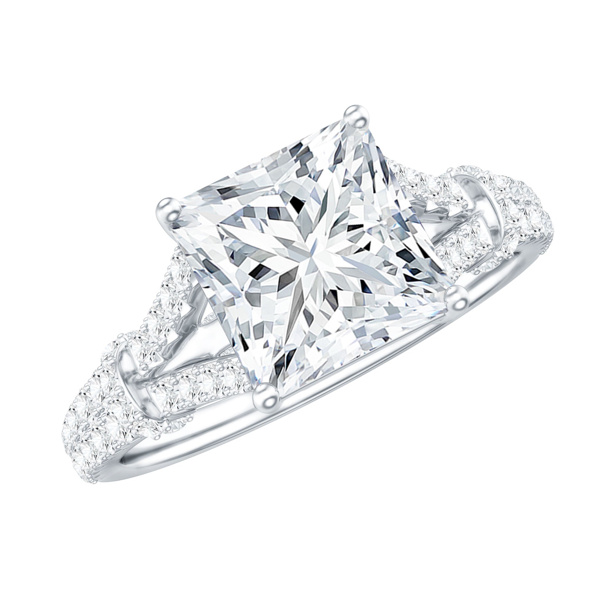 Rosec Jewels-Certified Princess Cut 3 Carat Moissanite Split Shank Engagement Ring in Silver